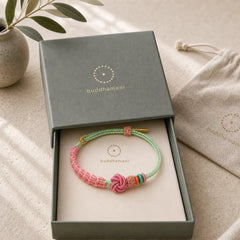 Handmade Pink Green Peach Blossom Knot Braided Bracelet featuring