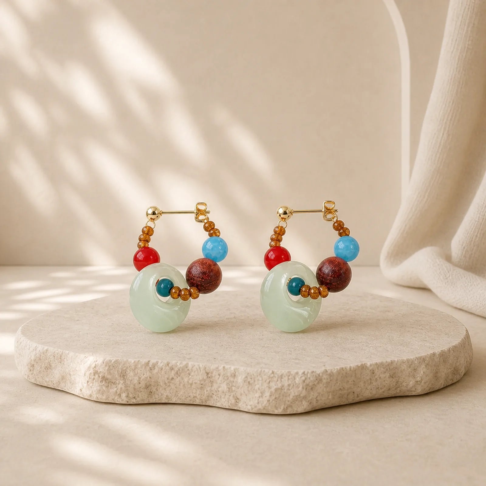 Handmade Red Agate Aquamarine Black Rosewood Liuli Confidence Earrings featuring Red Agate, Aquamarine, Black Rosewood