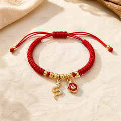 Handmade Red String Fu Character Year Of The Snake Protection Braided Bracelet featuring Red String, Fu Character, Copper