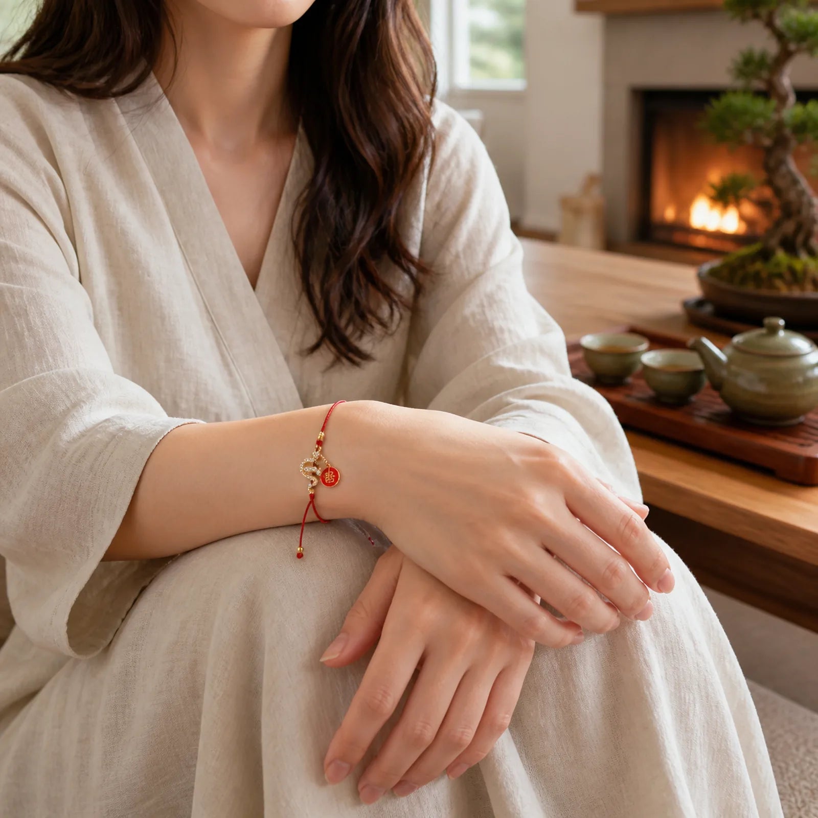 Handmade Red String Fu Character Year Of The Snake Protection Braided Bracelet featuring Red String, Fu Character, Copper