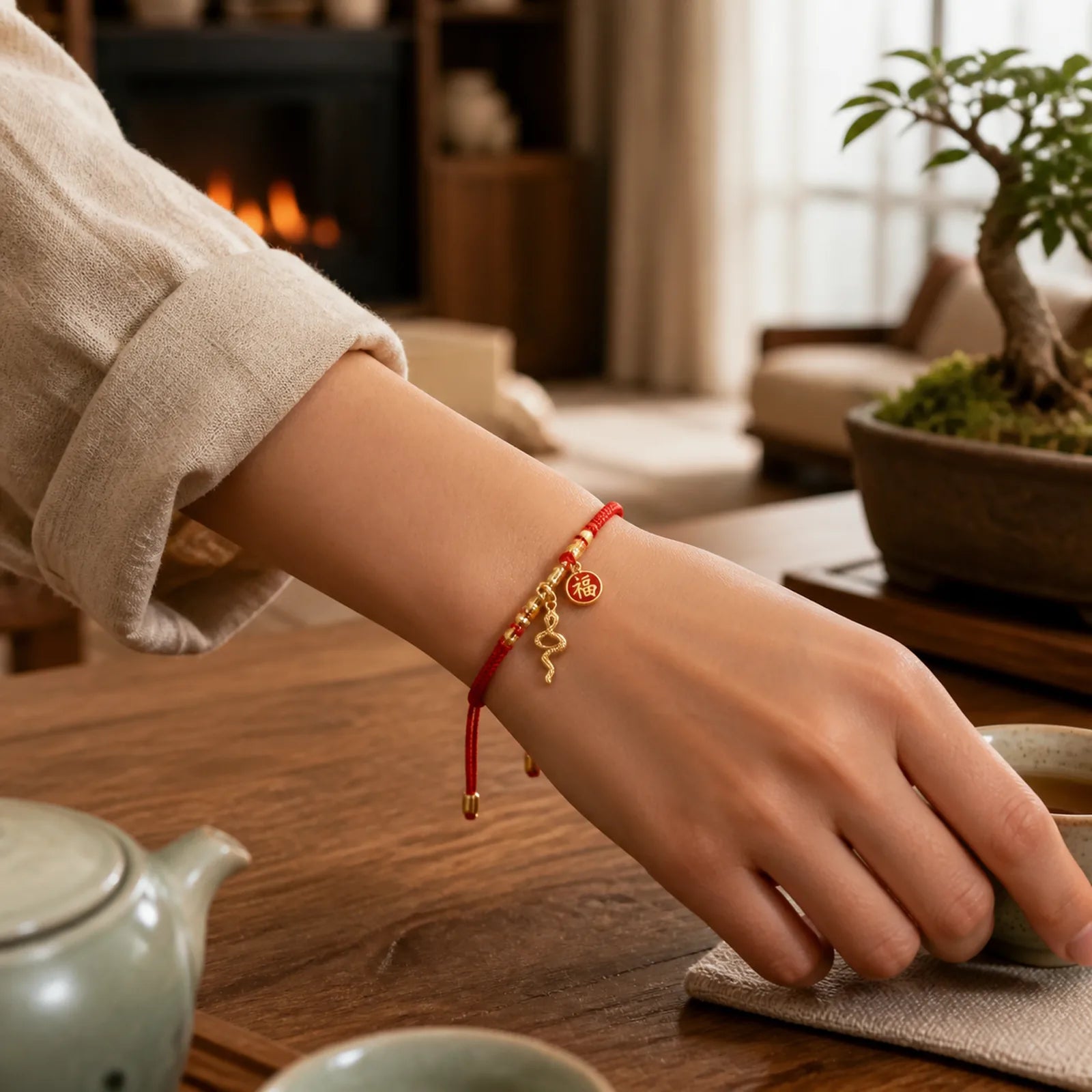 Handmade Red String Fu Character Year Of The Snake Protection Braided Bracelet featuring Red String, Fu Character, Copper