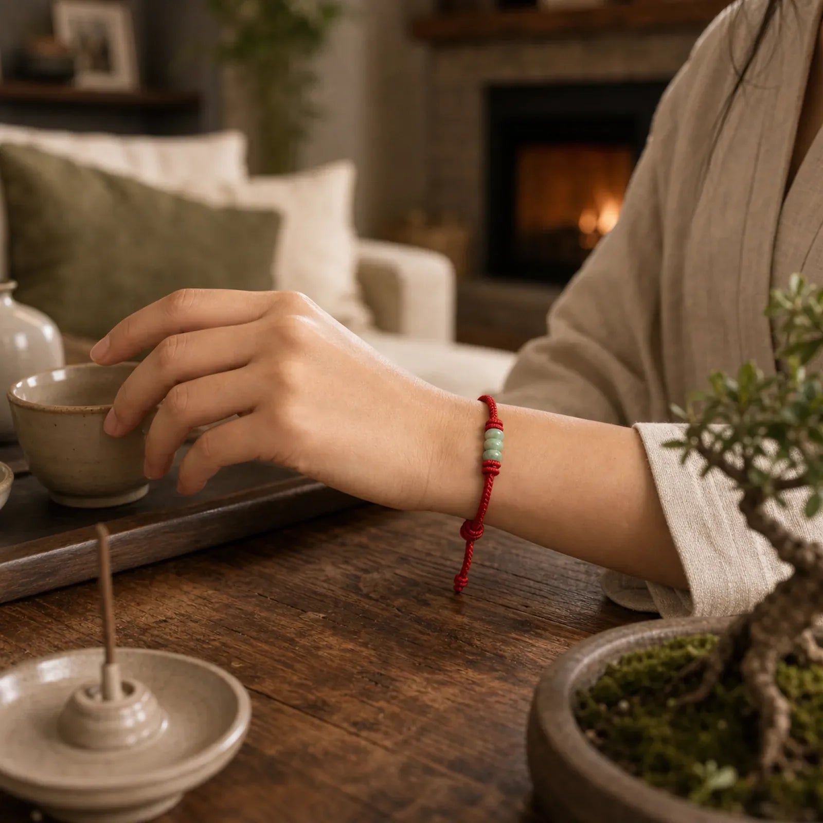 Handmade Red String Jade Protection Braided Sliding Knot Bracelet featuring Red String, Jade