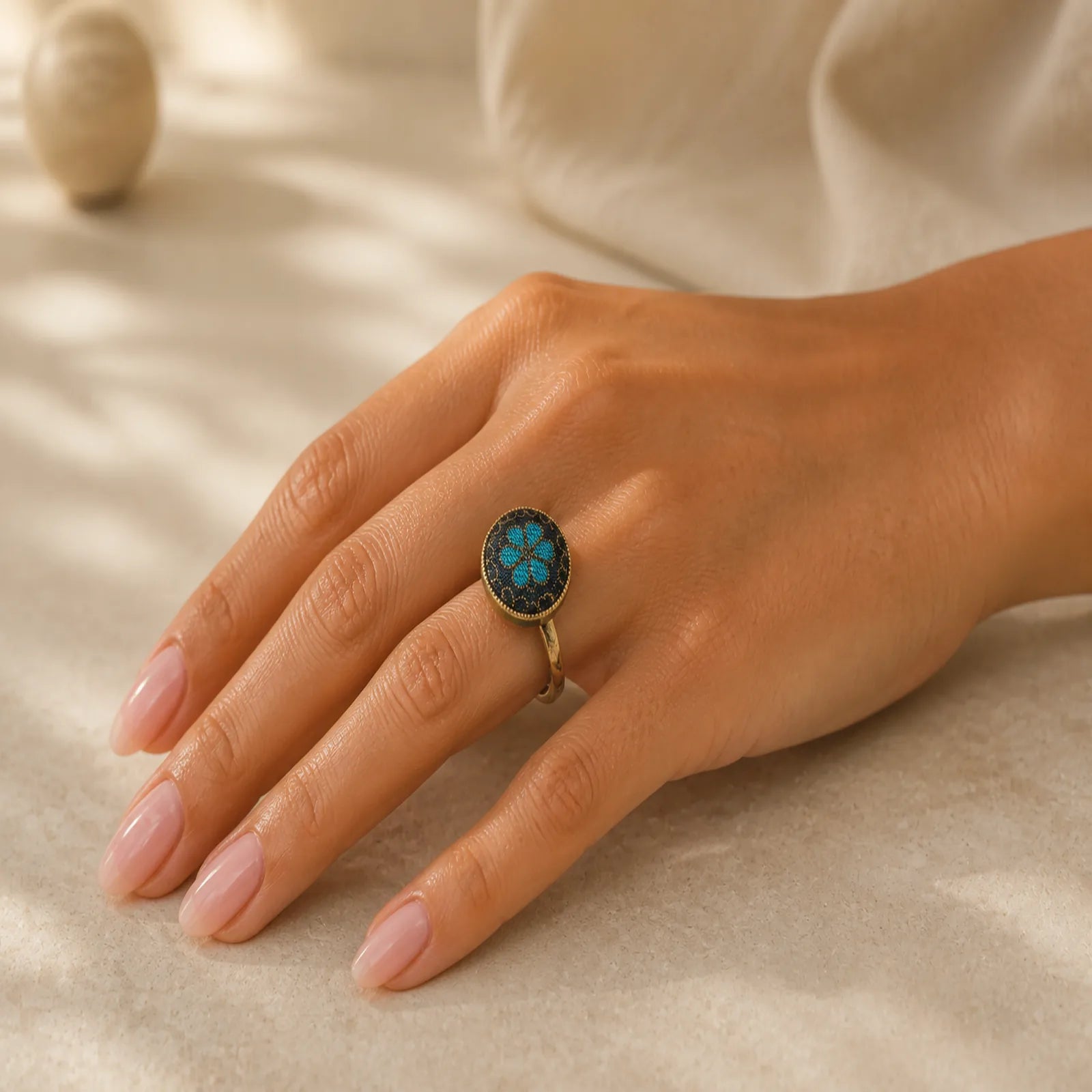 Handmade Song Brocade Floral Pattern Blessing Adjustable Round Ring featuring Copper