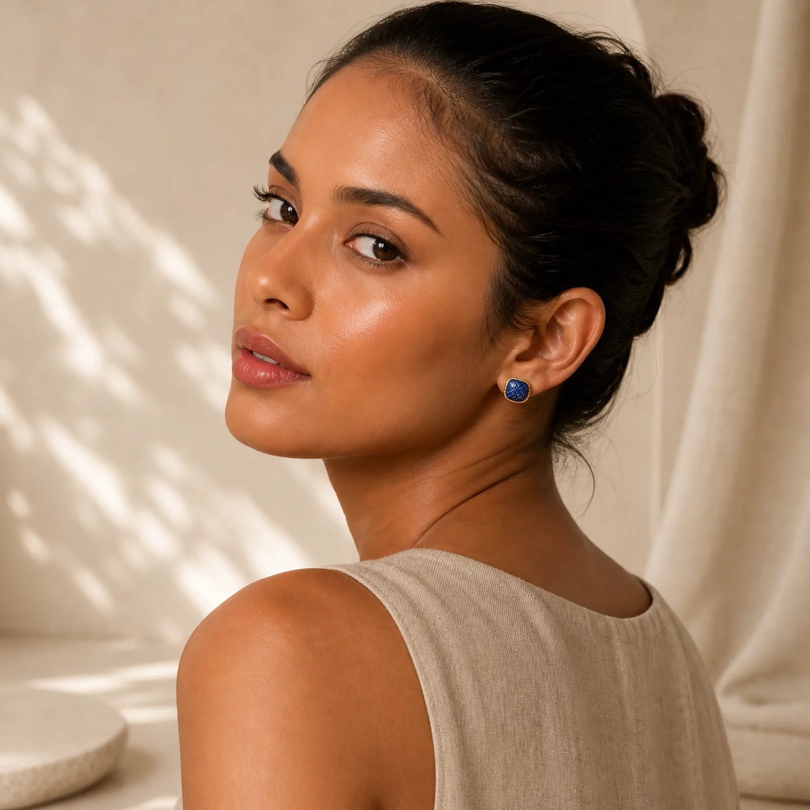 Handmade Song Brocade Protection Geometric Square Stud Earrings featuring Silver, Copper