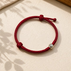 Handmade String 925 Sterling Silver Fu Bead Braided Fortune Bracelet featuring Silver, Fu Character, Red String