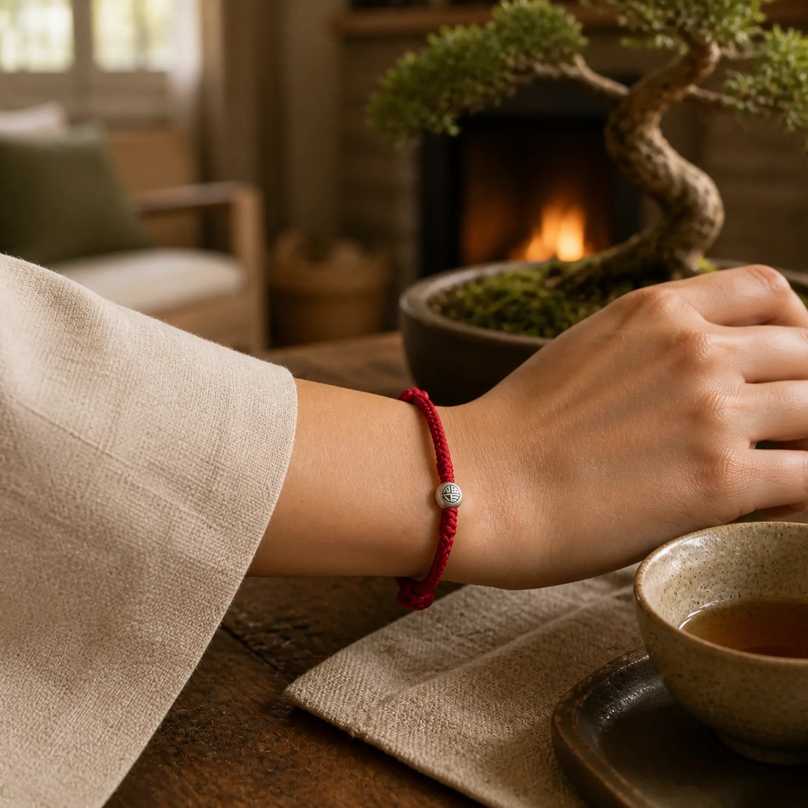 Handmade String 925 Sterling Silver Fu Bead Braided Fortune Bracelet featuring Silver, Fu Character, Red String