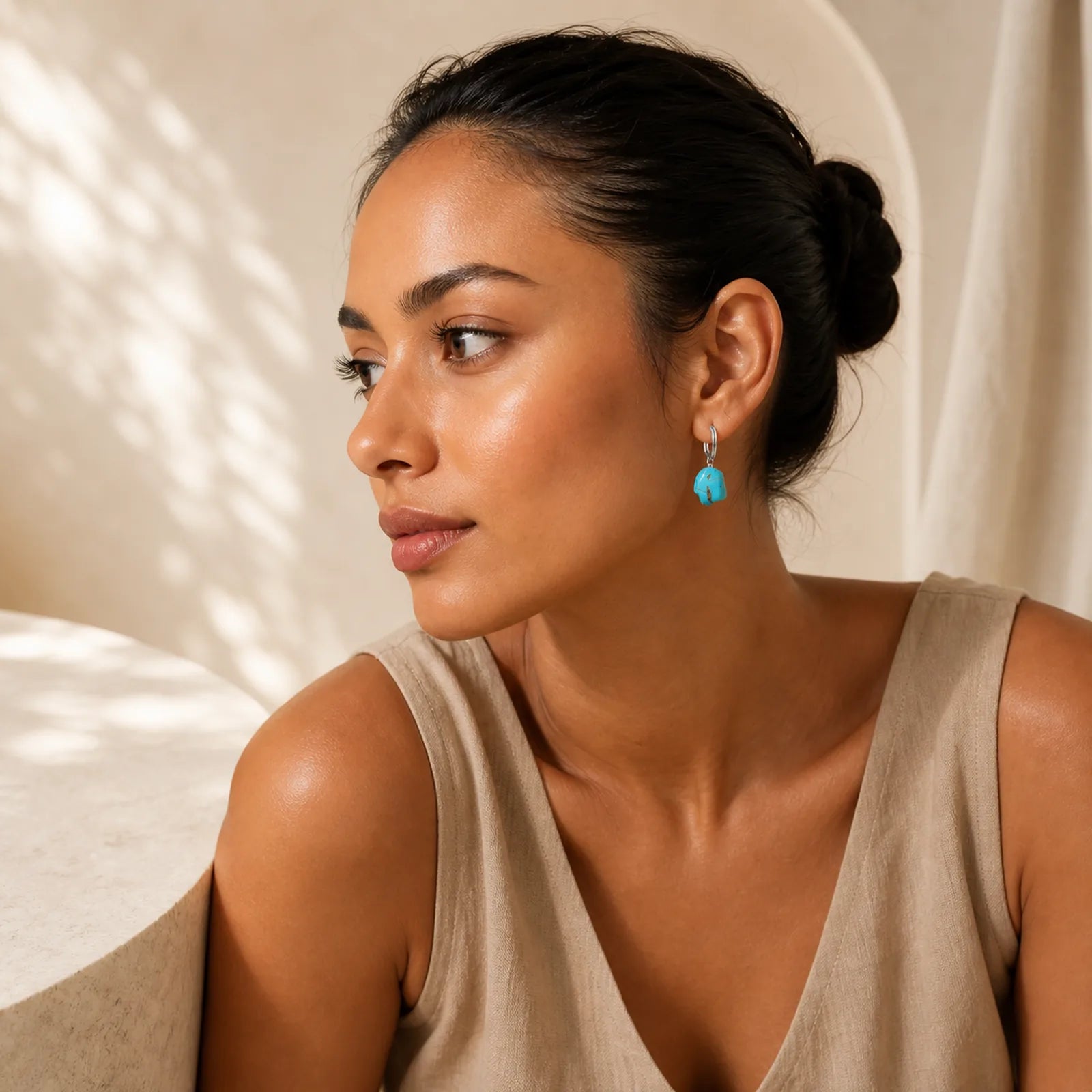 Handmade Synthetic Turquoise Protection Tibetan Hoop Earrings featuring Turquoise, Copper, Silver