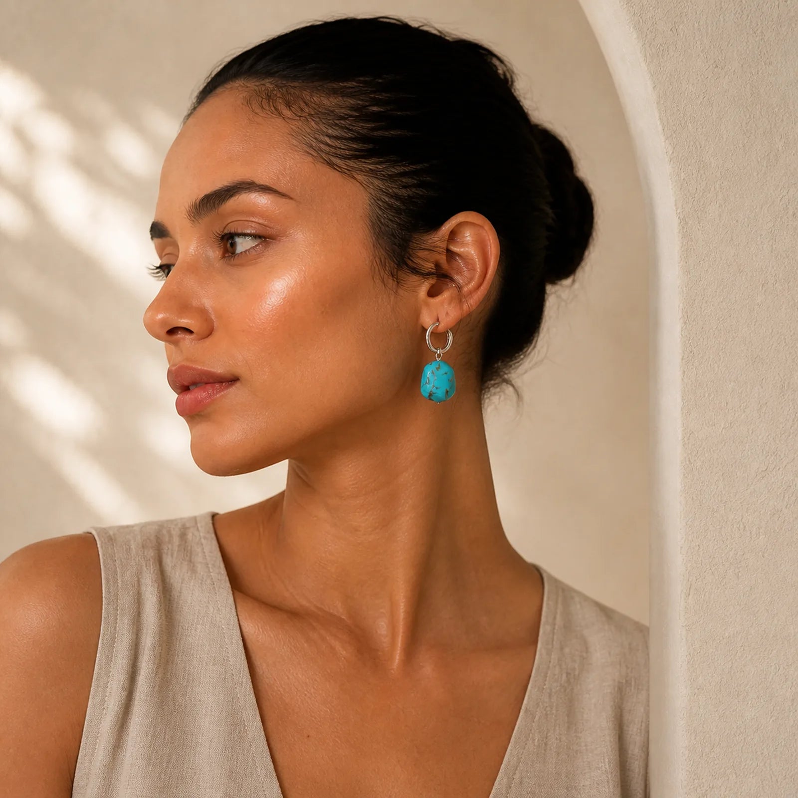 Handmade Synthetic Turquoise Protection Tibetan Hoop Earrings featuring Turquoise, Copper, Silver