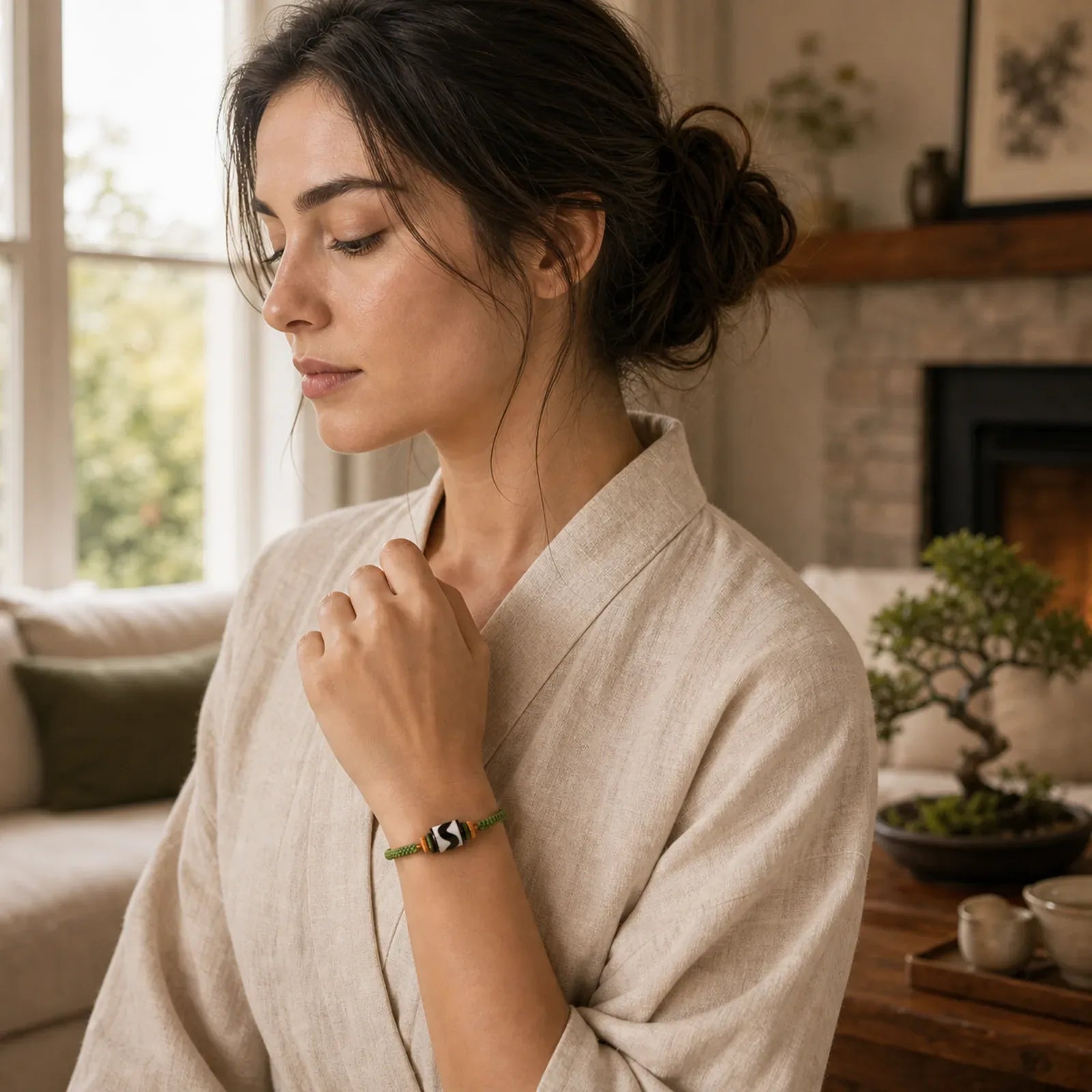 Handmade Tibetan Dzi Bead Protection Braided Green Rope Bracelet featuring Dzi Bead, Nine-Eye Dzi Bead, Copper