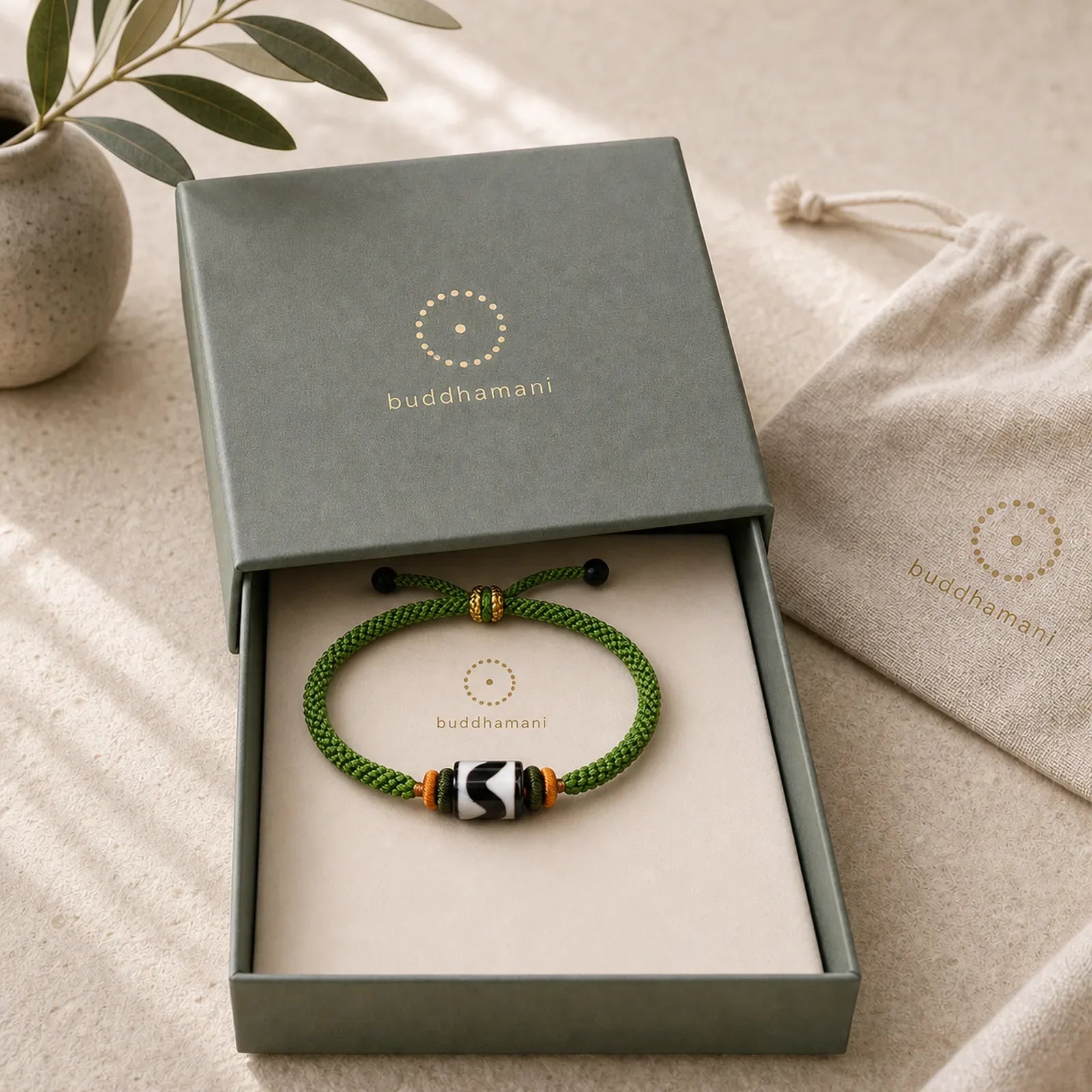 Handmade Tibetan Dzi Bead Protection Braided Green Rope Bracelet featuring Dzi Bead, Nine-Eye Dzi Bead, Copper