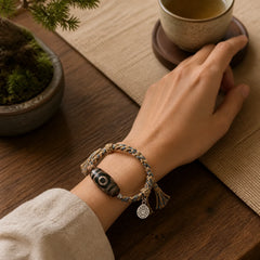Handmade Tibetan Dzi Bead Wealth Protection Braided String Bracelet featuring Dzi Bead, Nine-Eye Dzi Bead, Copper