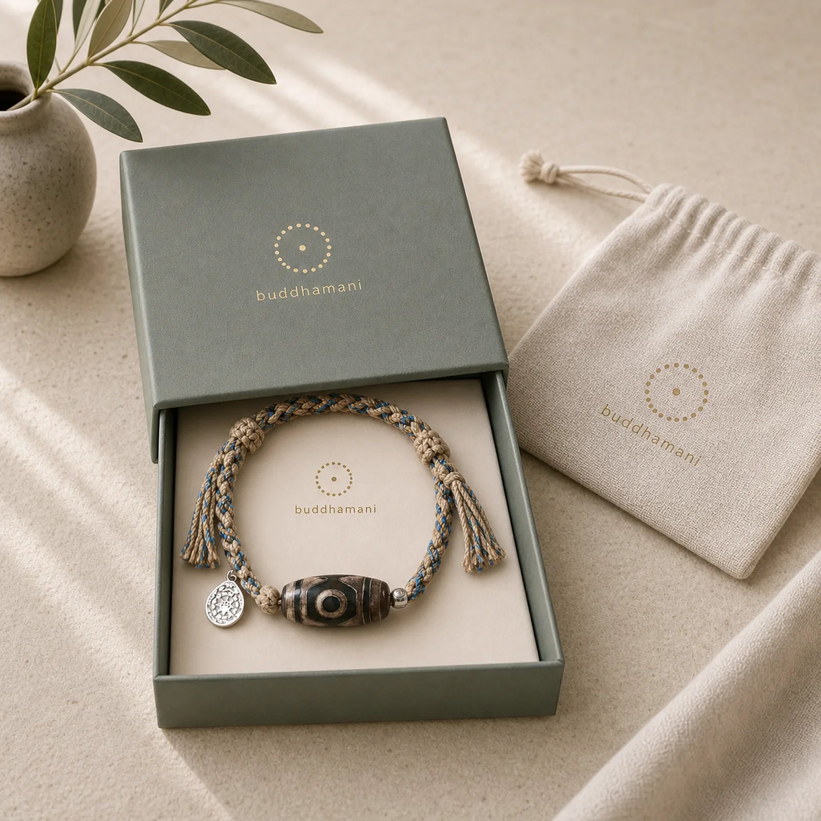 Handmade Tibetan Dzi Bead Wealth Protection Braided String Bracelet featuring Dzi Bead, Nine-Eye Dzi Bead, Copper