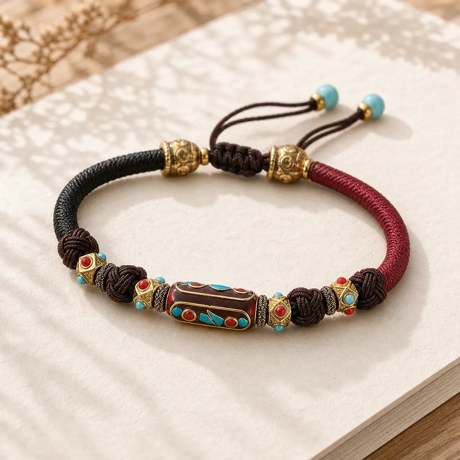 Handmade Tibetan Turquoise Om Mani Padme Hum Strength Braided Bracelet featuring Turquoise, Om Mani Padme Hum, Om