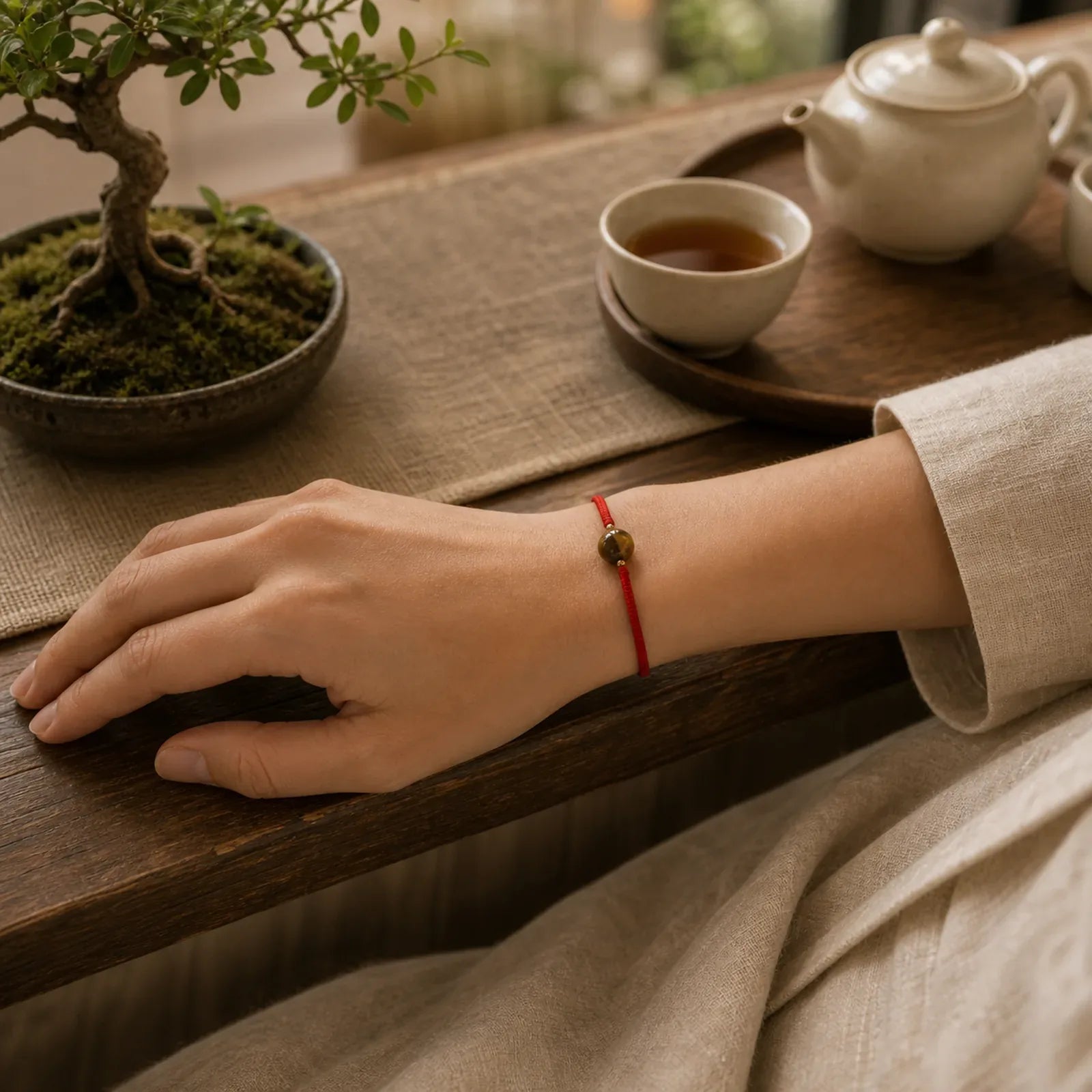 Handmade Tiger Eye Bead Luck Protection Rope Bracelet featuring Tiger Eye, Red String