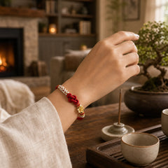 Handmade True Love Knot Peach Blossom Charm Luck Rope Bracelet featuring Red String, Copper