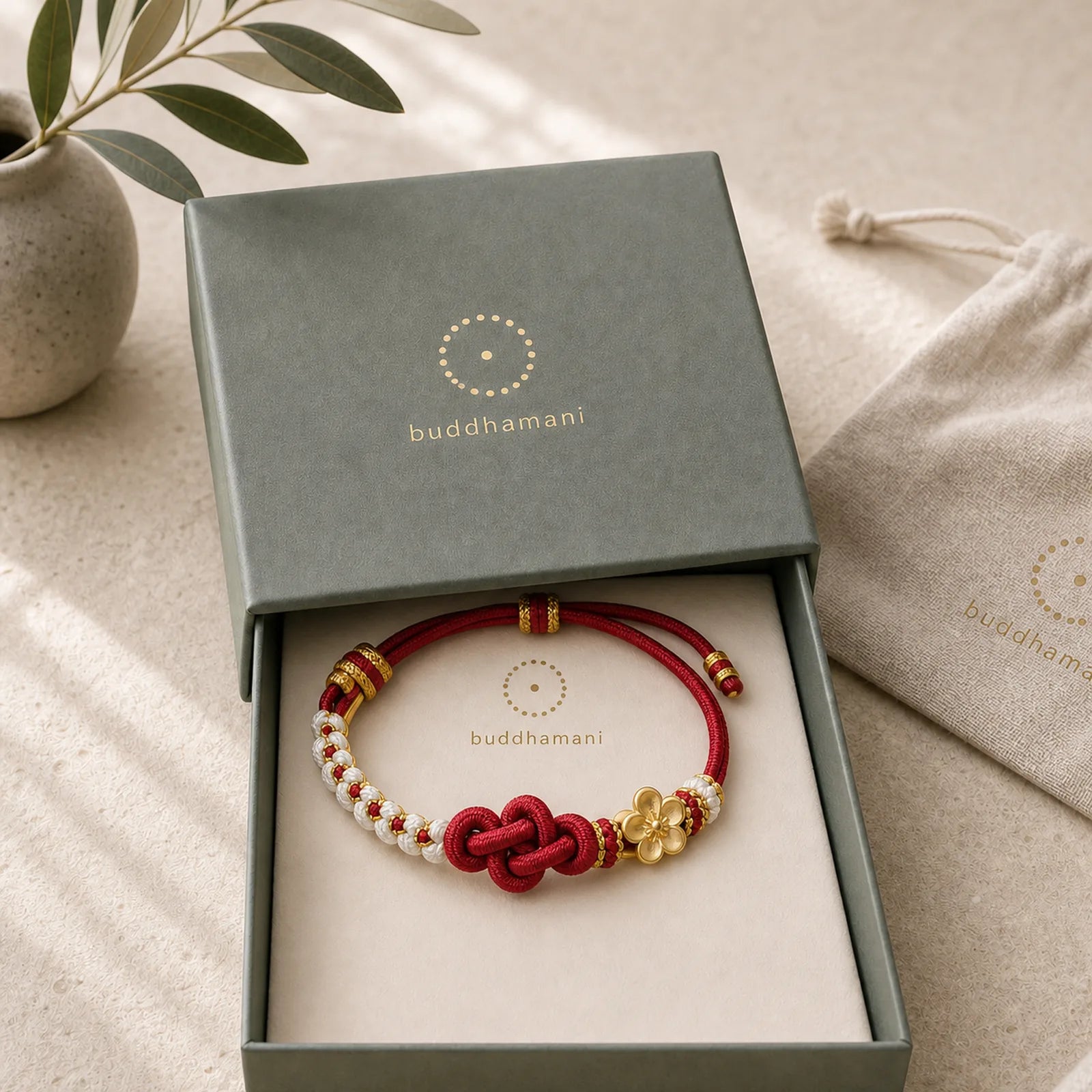 Handmade True Love Knot Peach Blossom Charm Luck Rope Bracelet featuring Red String, Copper