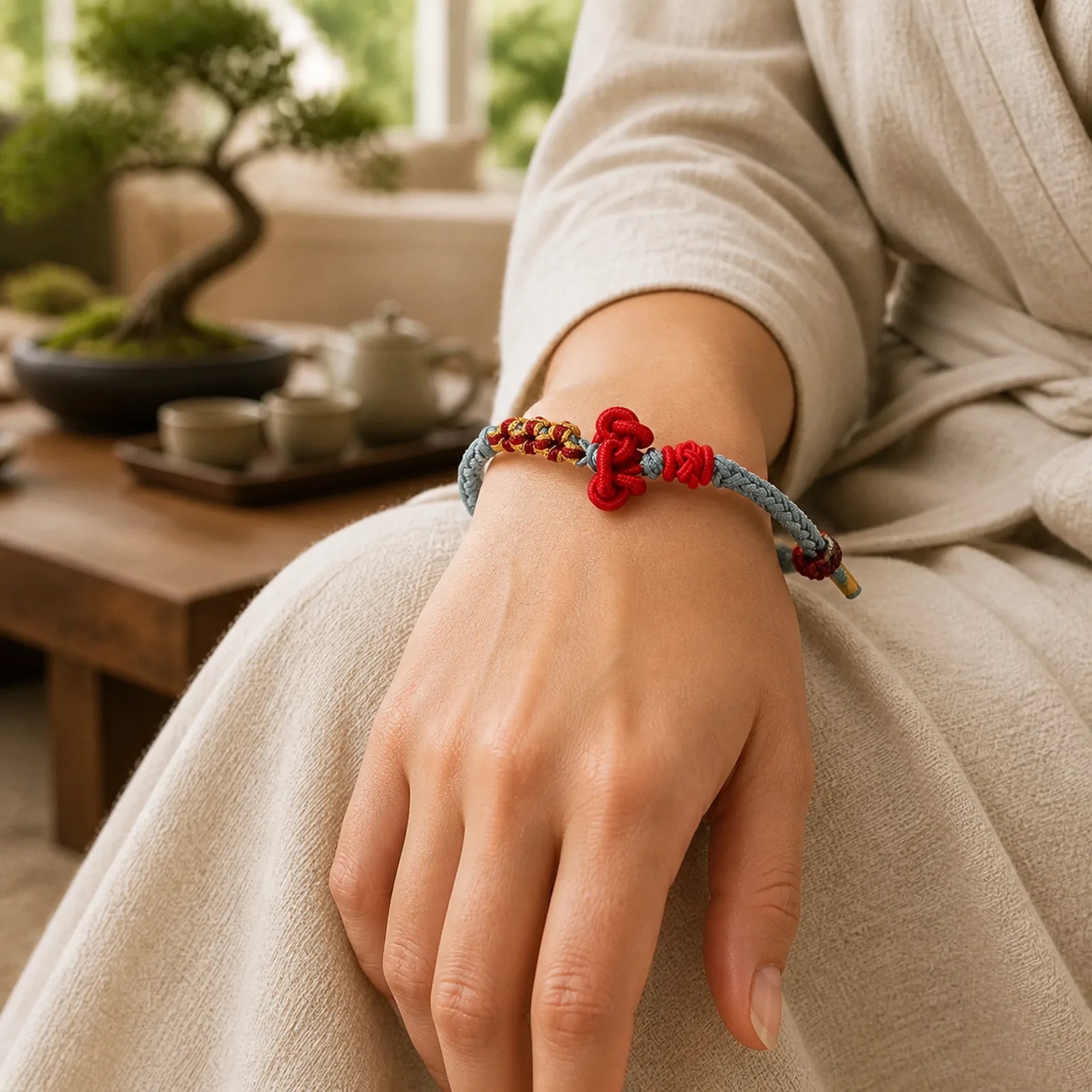 Handmade Wenchang Knot Luck Strength Braided Rope Bracelet featuring Red String