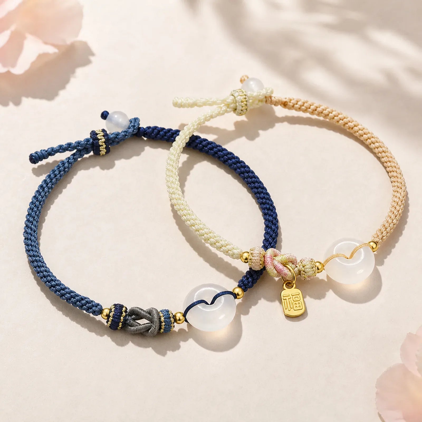 Handmade White Agate Peace Buckle Luck Happiness Protection Weave String Bracelet featuring White Agate, Peace Buckle, Copper