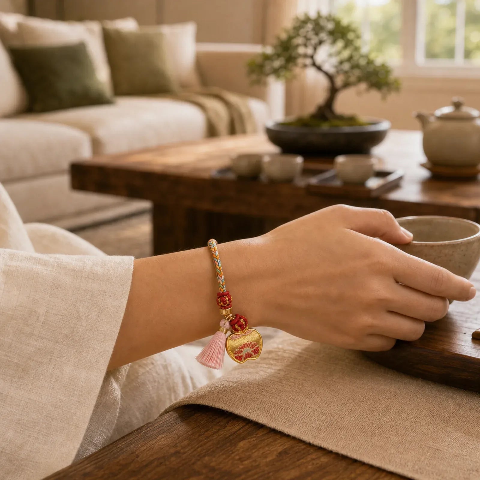 Handwoven Five Color Apple Money Bag Gourd Chinese Lock Charm Protection Bracelet featuring Red String, Copper