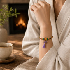 Handwoven Five Color Cord Luck Purple Song Brocade Chinese Lock Charm Apple Money Bag Gourd Zongzi Adjustable Bracelet featuring Copper