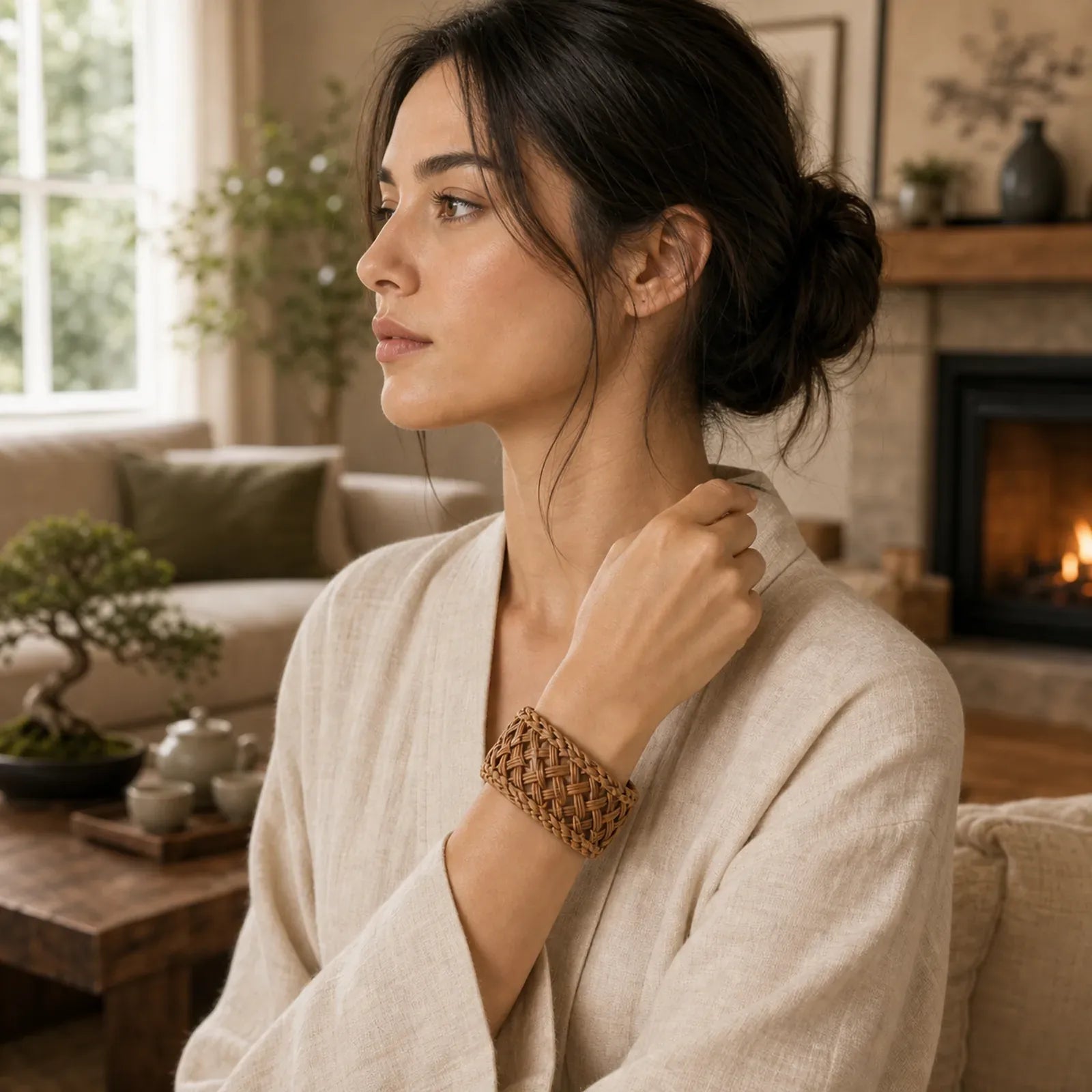 Handwoven Natural Rattan Boho Resort Adjustable Cuff Bracelet featuring