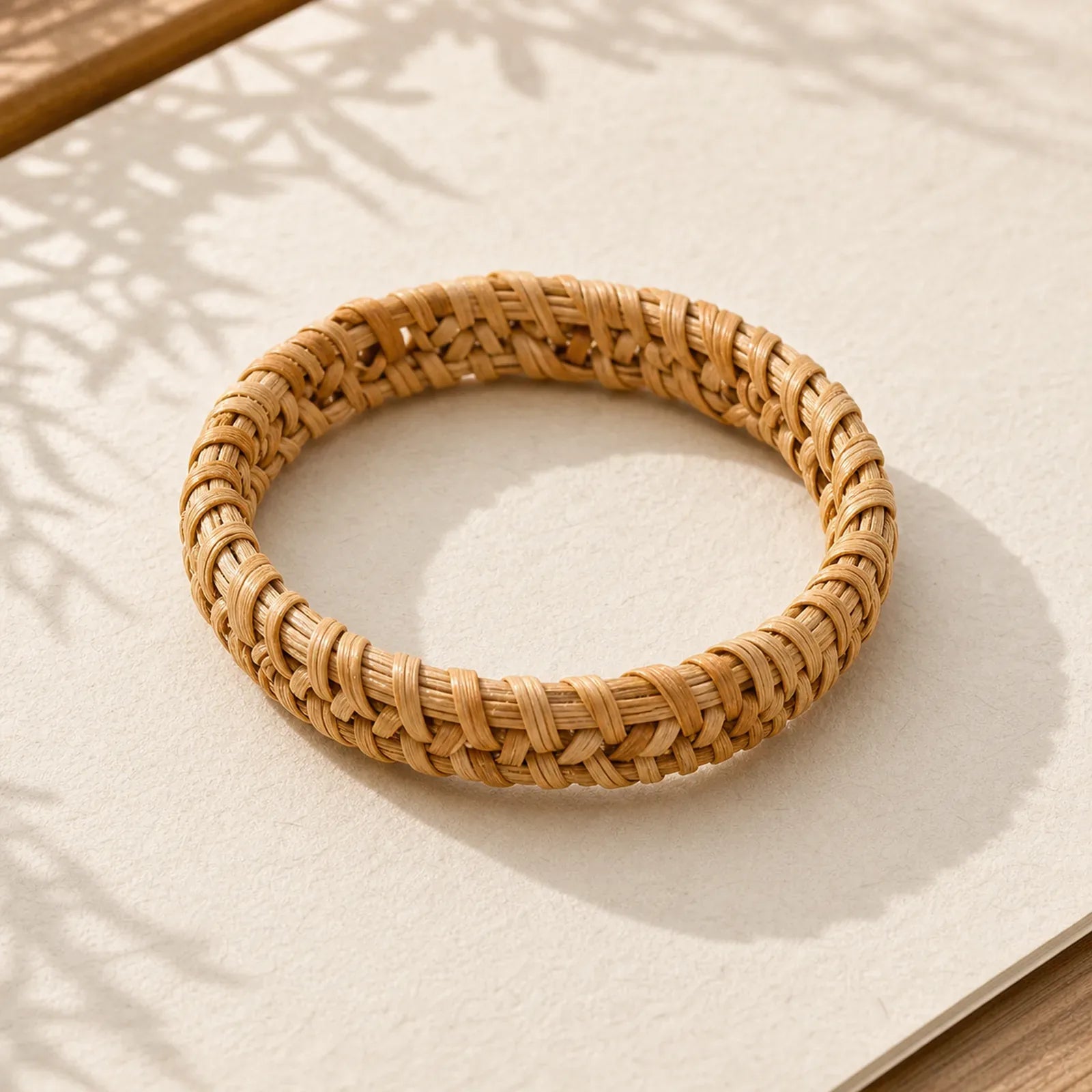 Handwoven Rattan Bohemian Resort Wide Bracelet Bangle featuring Gnetum Wood