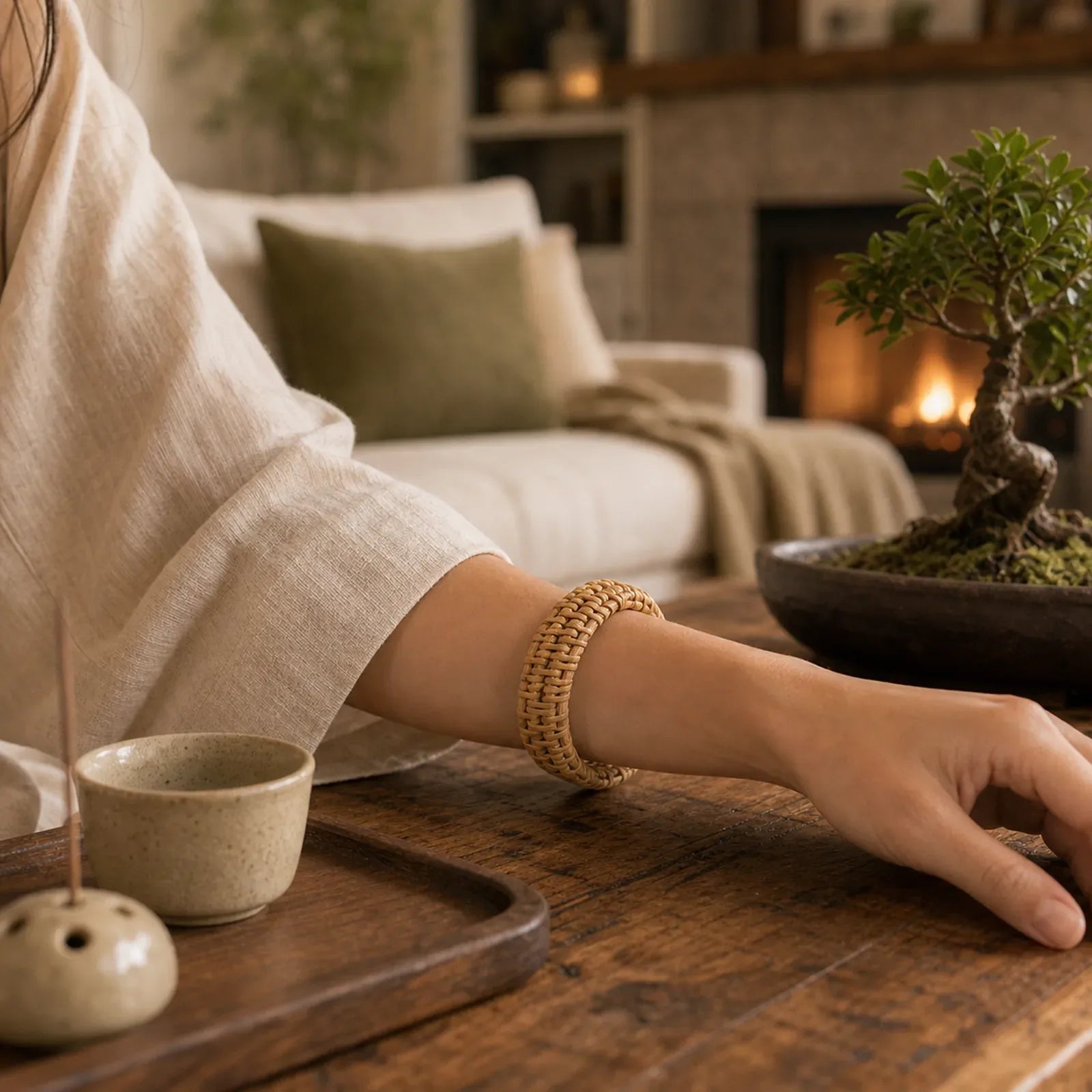 Handwoven Rattan Bohemian Resort Wide Bracelet Bangle featuring Gnetum Wood