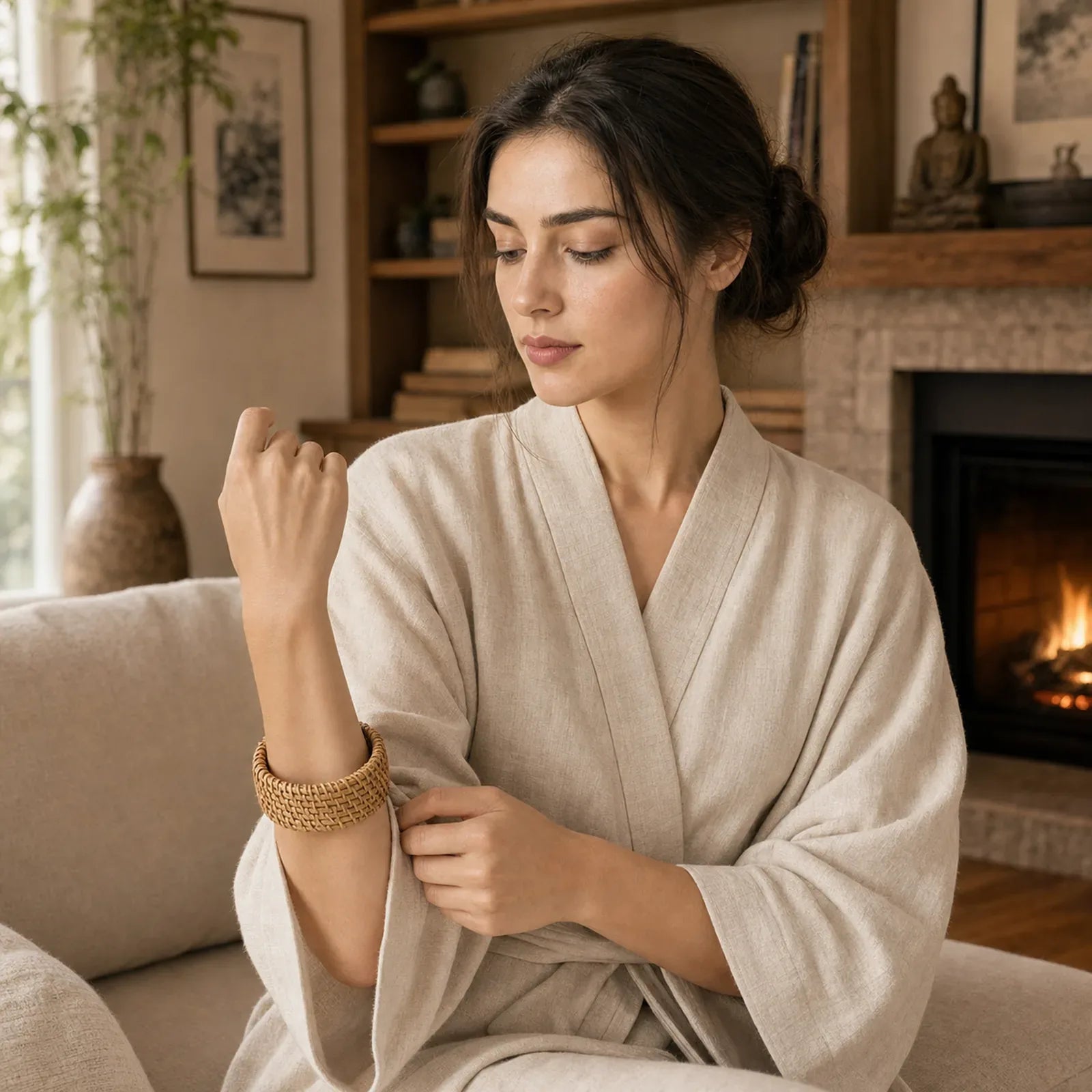 Handwoven Rattan Grounding Bohemian Wide Bracelet Bangle featuring