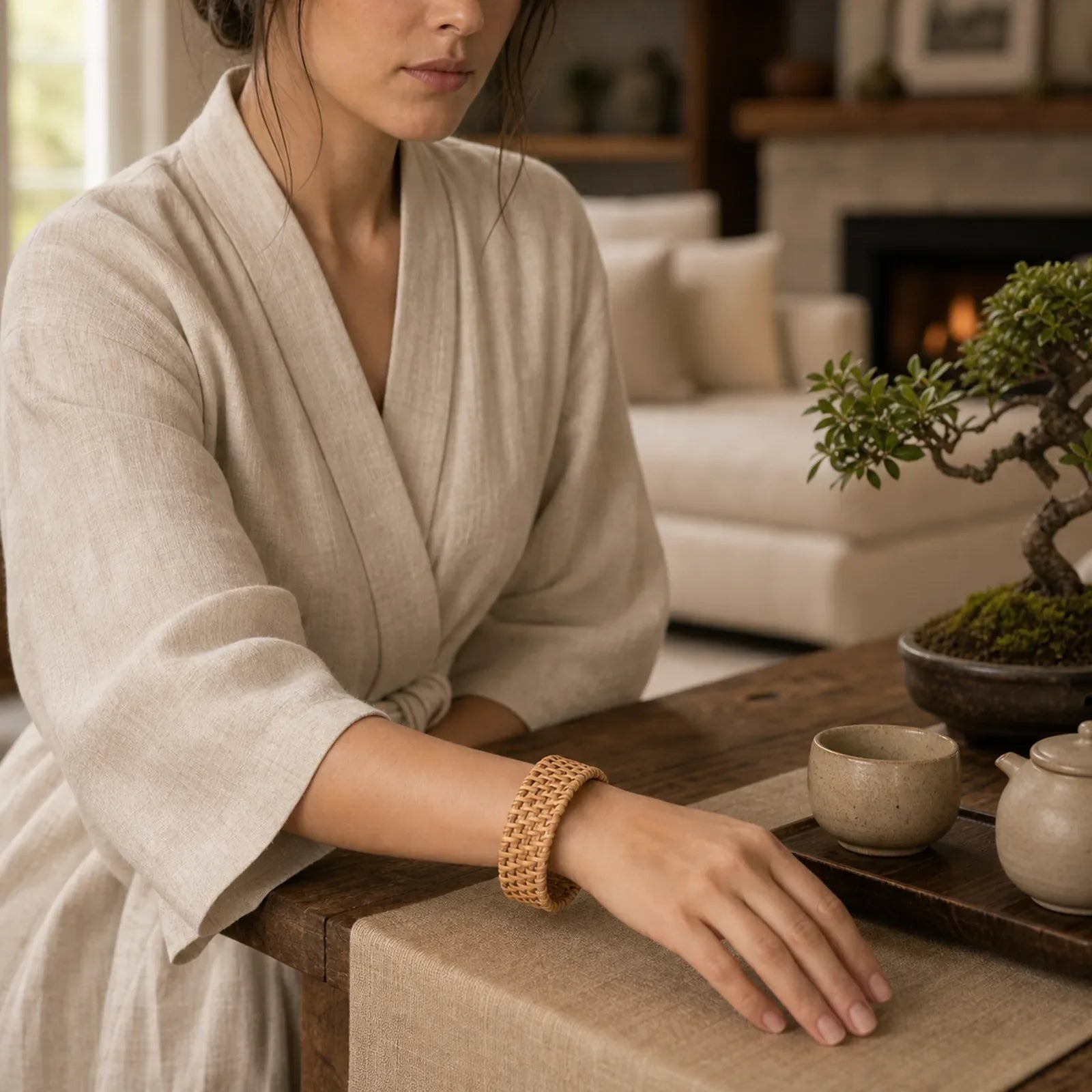 Handwoven Rattan Grounding Bohemian Wide Bracelet Bangle featuring