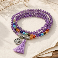 Healing Crystal Mala Prayer Beads 108 Meditation Healing Multilayer Bracelet Necklace featuring Amethyst, Tiger Eye, Black Onyx