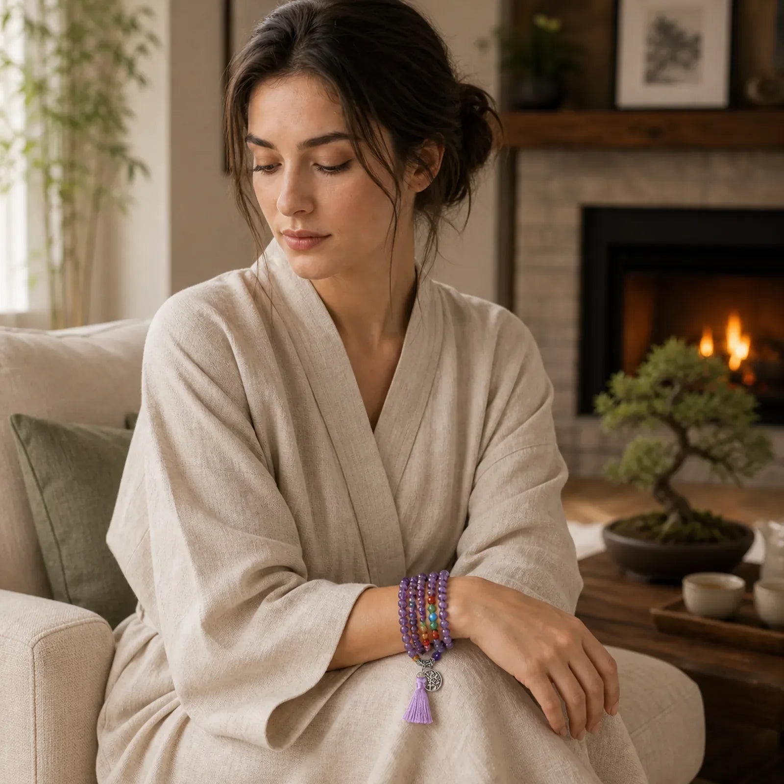 Healing Crystal Mala Prayer Beads 108 Meditation Healing Multilayer Bracelet Necklace featuring Amethyst, Tiger Eye, Black Onyx