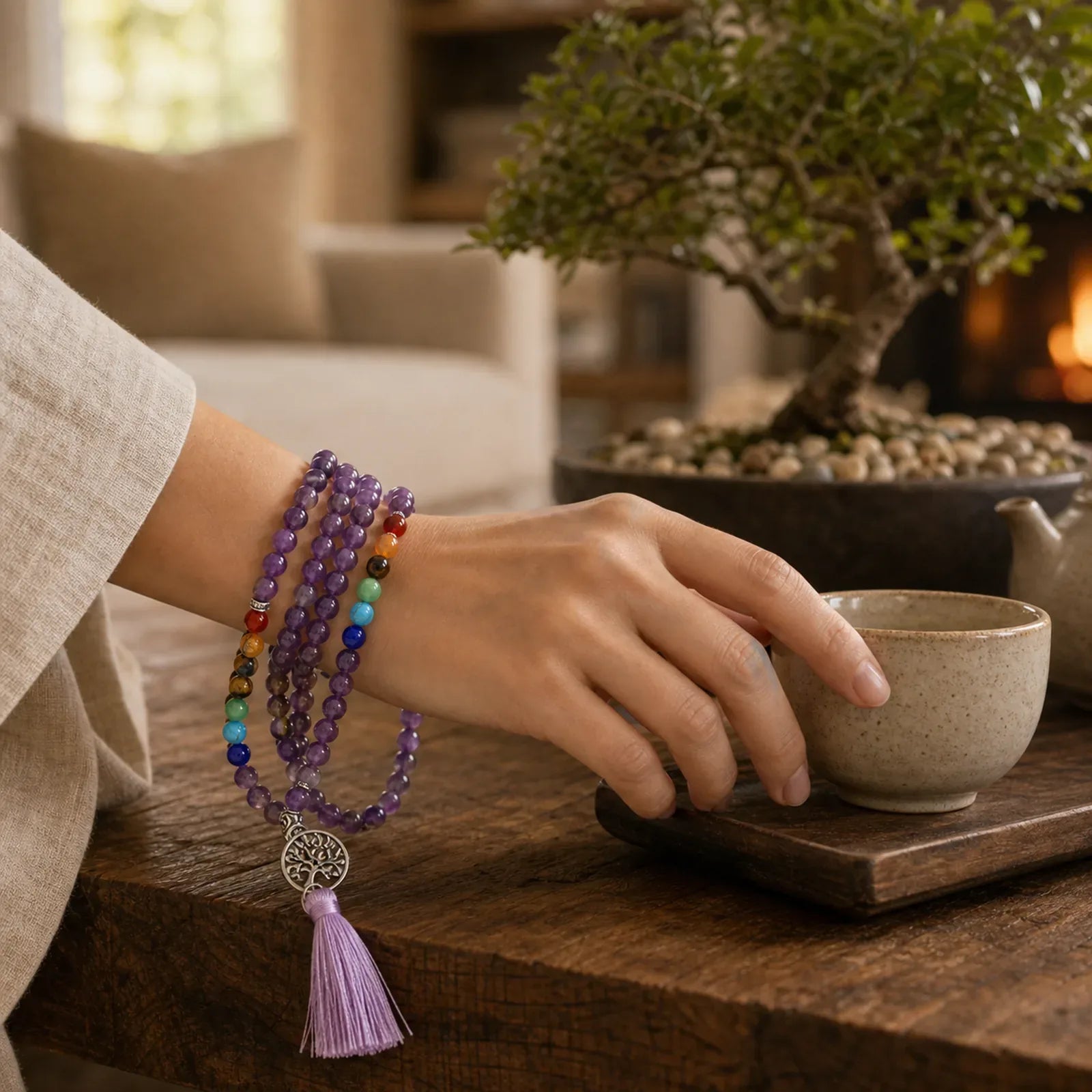 Healing Crystal Mala Prayer Beads 108 Meditation Healing Multilayer Bracelet Necklace featuring Amethyst, Tiger Eye, Black Onyx