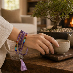 Healing Crystal Mala Prayer Beads 108 Meditation Healing Multilayer Bracelet Necklace featuring Amethyst, Tiger Eye, Black Onyx