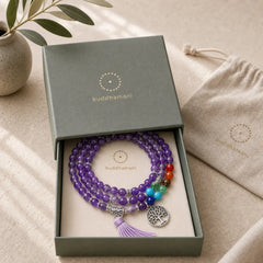 Healing Crystal Mala Prayer Beads 108 Meditation Healing Multilayer Bracelet Necklace featuring Amethyst, Tiger Eye, Black Onyx
