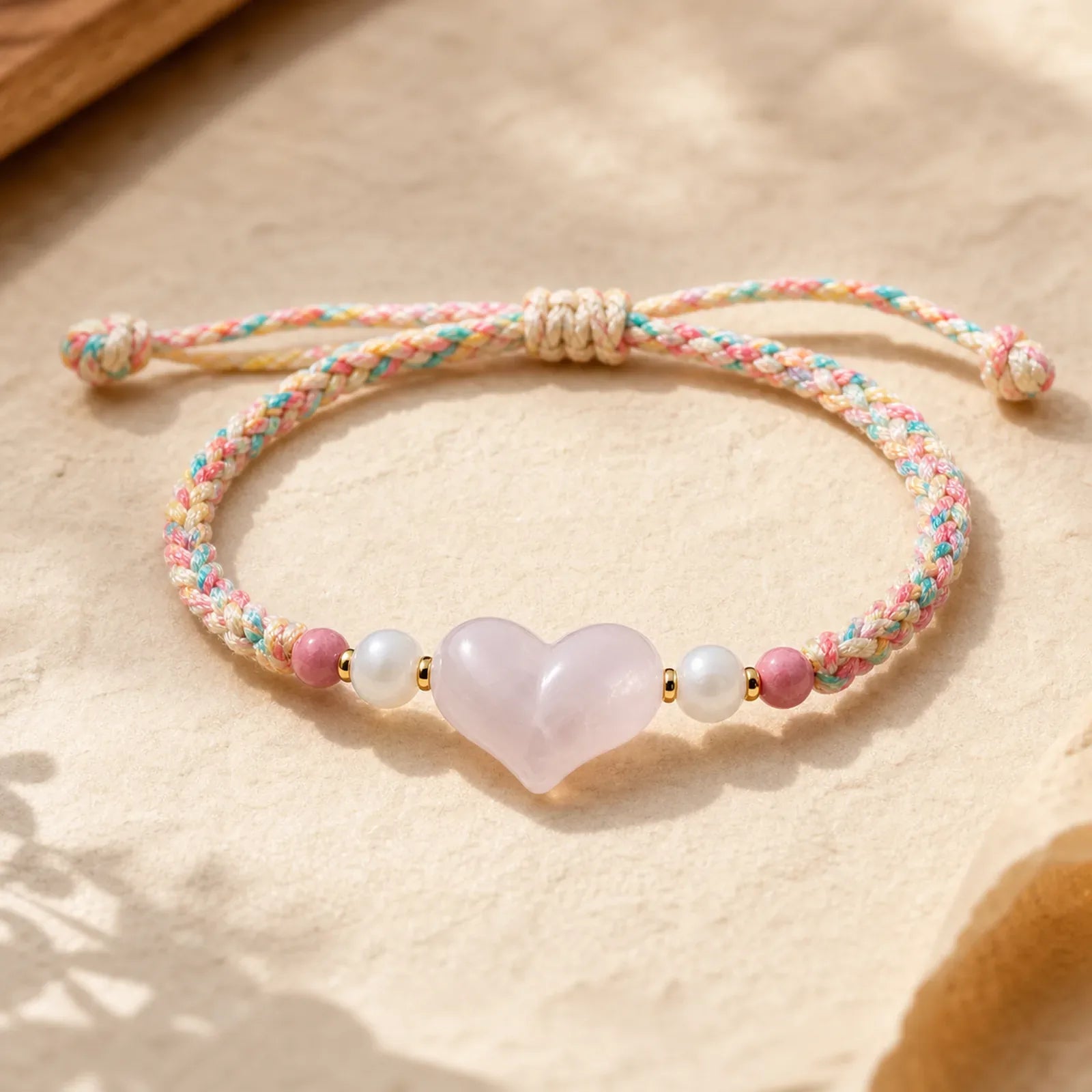 Heart Design Pink Crystal Braided Rope Warmth Love Bracelet featuring Pink Crystal, Rhodonite, Pearl