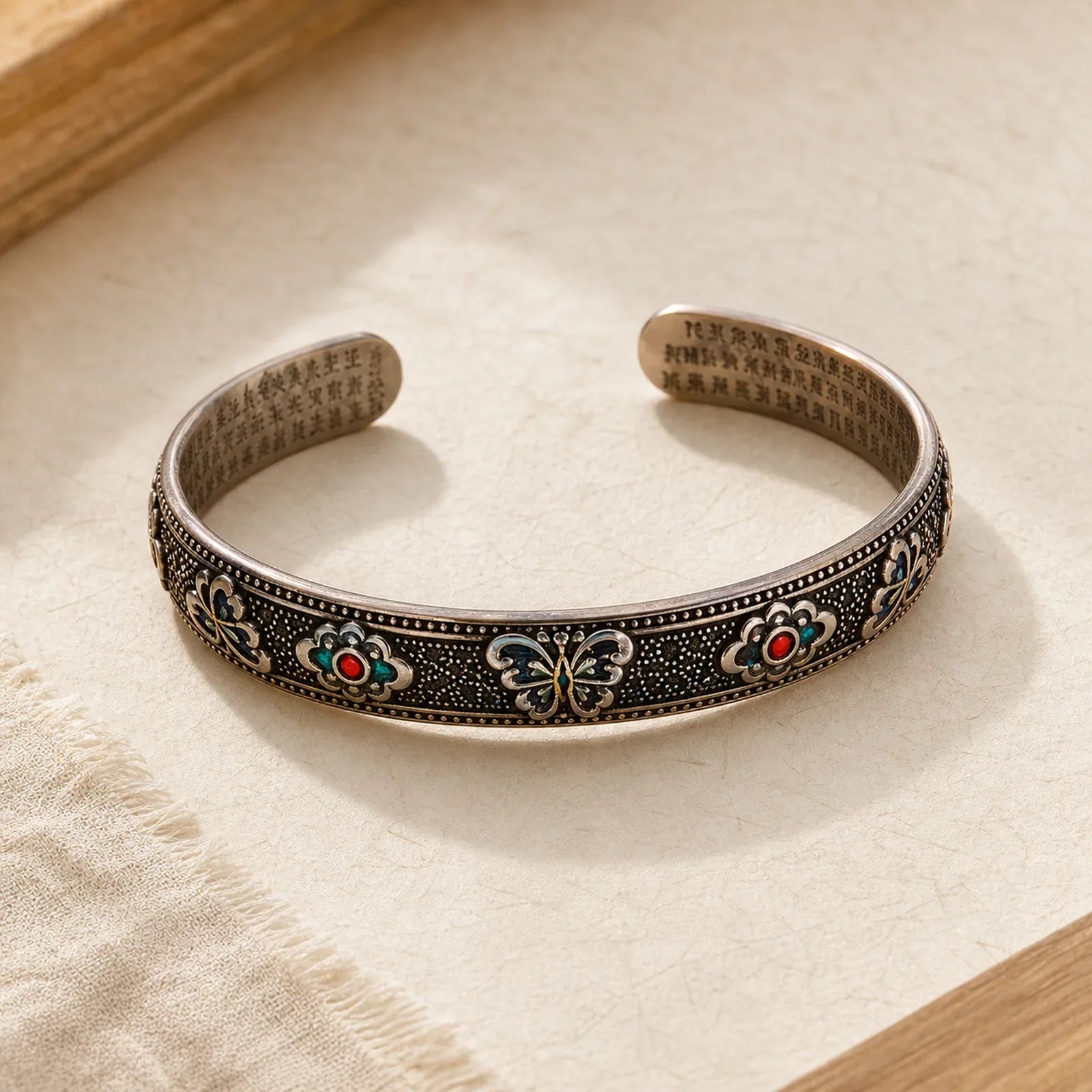 Heart Sutra Butterfly Copper Enamel Healing Open Adjustable Bracelet Bangle featuring Butterfly, Copper, Feng Shui Butterfly