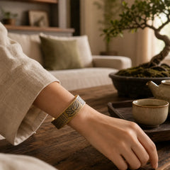 Heart Sutra Lotus Flower Copper Brass Peace Cuff Bracelet Bangle featuring Lotus, Copper, Lotus Symbol
