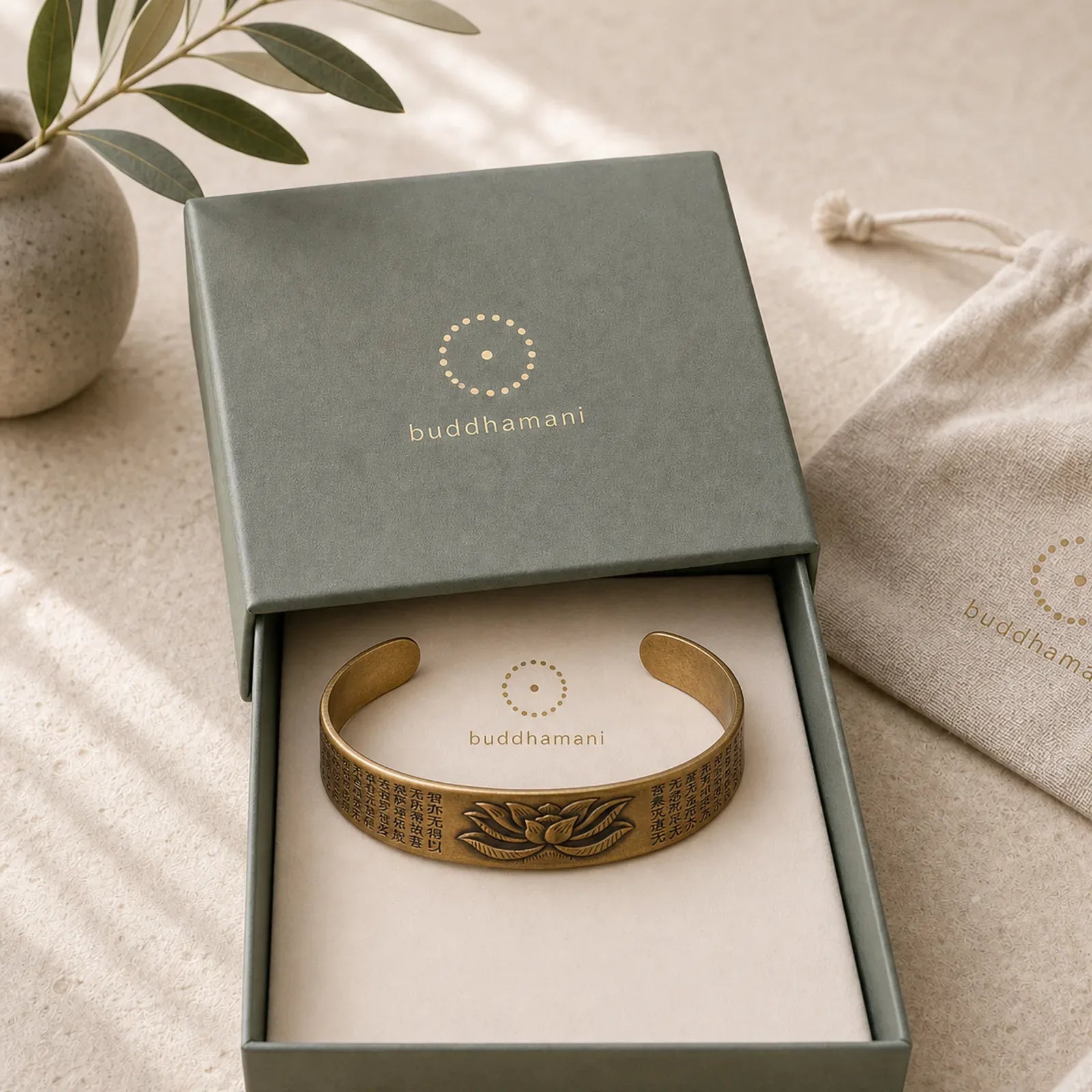 Heart Sutra Lotus Flower Copper Brass Peace Cuff Bracelet Bangle featuring Lotus, Copper, Lotus Symbol