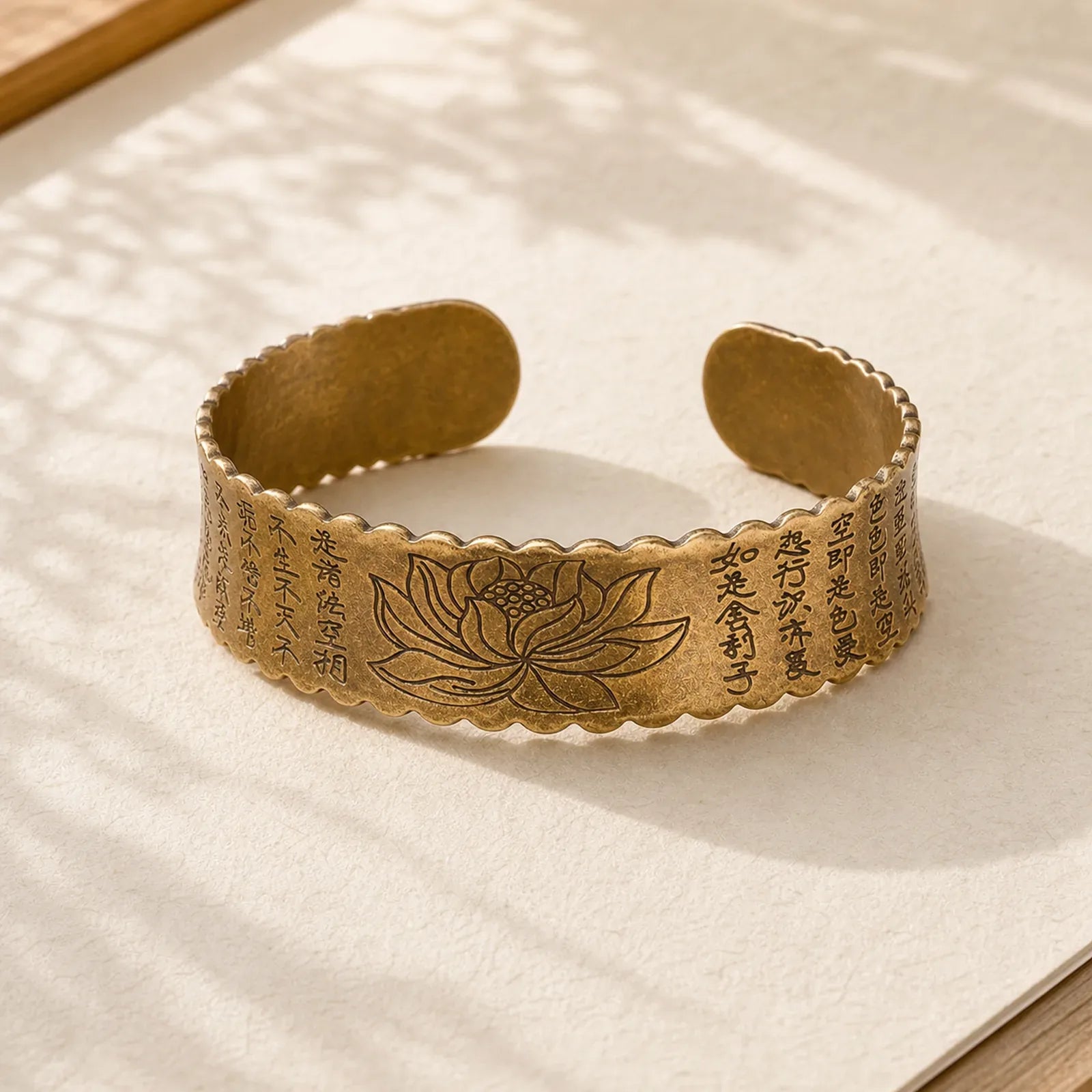 Heart Sutra Lotus Flower Copper Brass Peace Enlightenment Cuff Bracelet Bangle featuring Lotus, Copper, Lotus Symbol