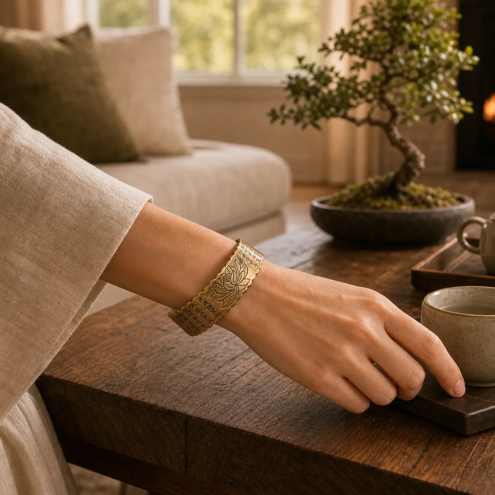 Heart Sutra Lotus Flower Copper Brass Peace Enlightenment Cuff Bracelet Bangle featuring Lotus, Copper, Lotus Symbol