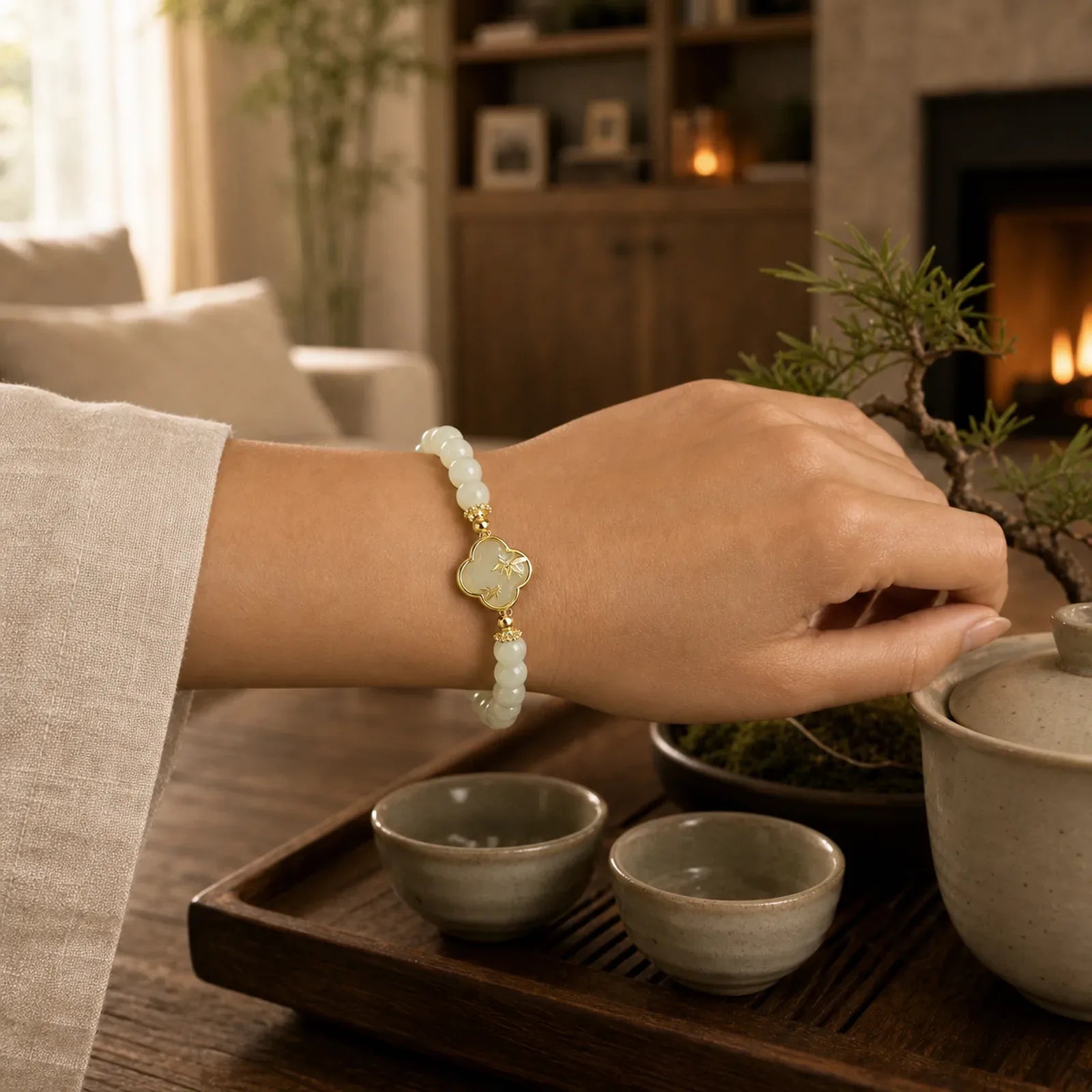 Hetian Jade 925 Sterling Silver Four Leaf Clover Bamboo Luck Bracelet featuring Jade, Silver, Bamboo