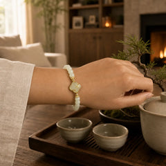 Hetian Jade 925 Sterling Silver Four Leaf Clover Bamboo Luck Bracelet featuring Jade, Silver, Bamboo