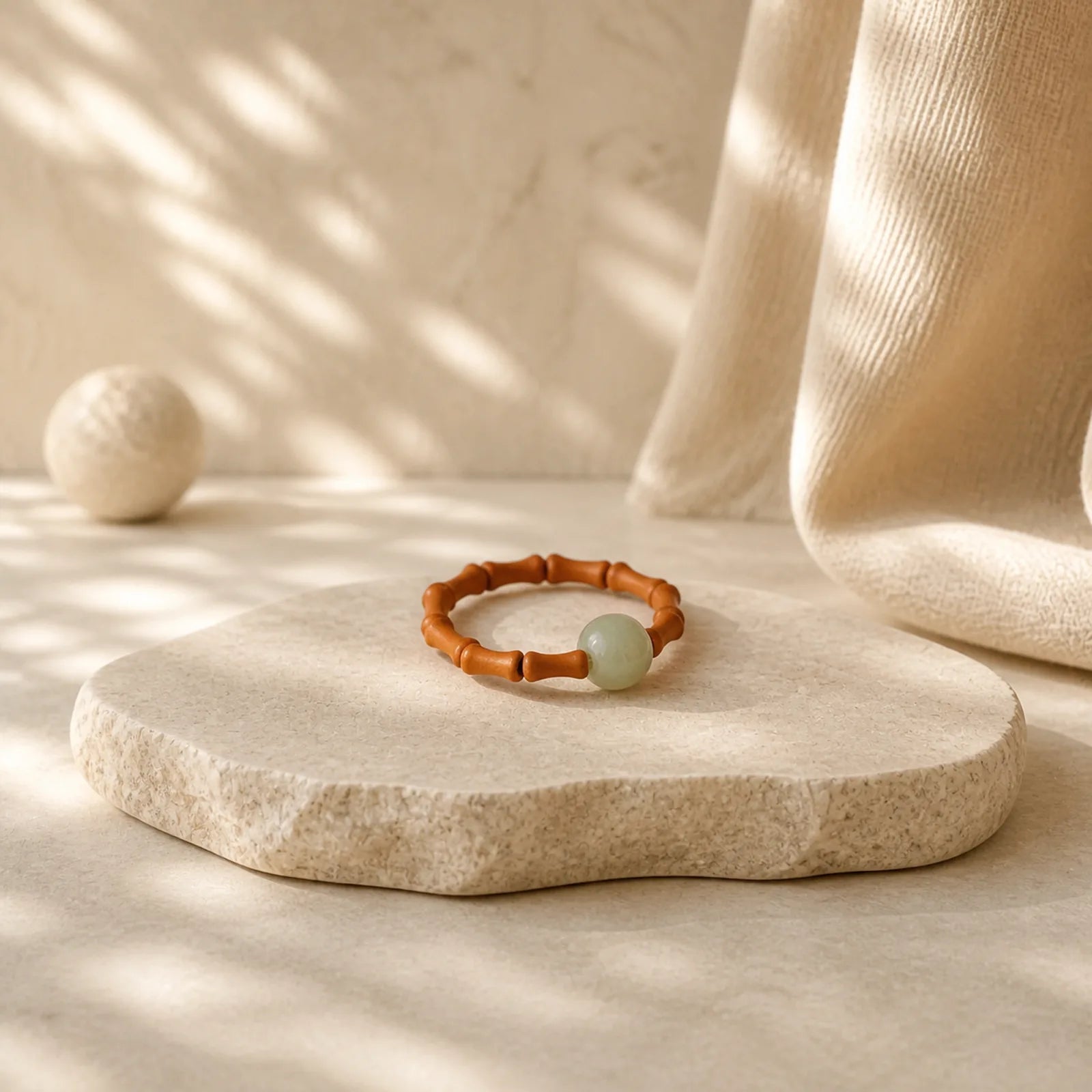 Hetian Jade Beaded Bamboo Prosperity Luck Ring featuring Jade, Bamboo