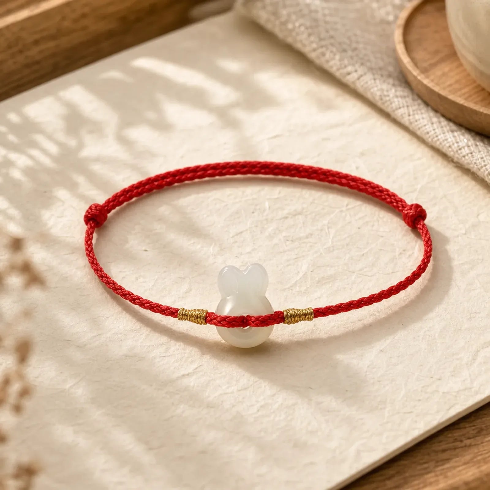 Hetian Jade Cute Rabbit String Luck Bracelet featuring Jade, Red String