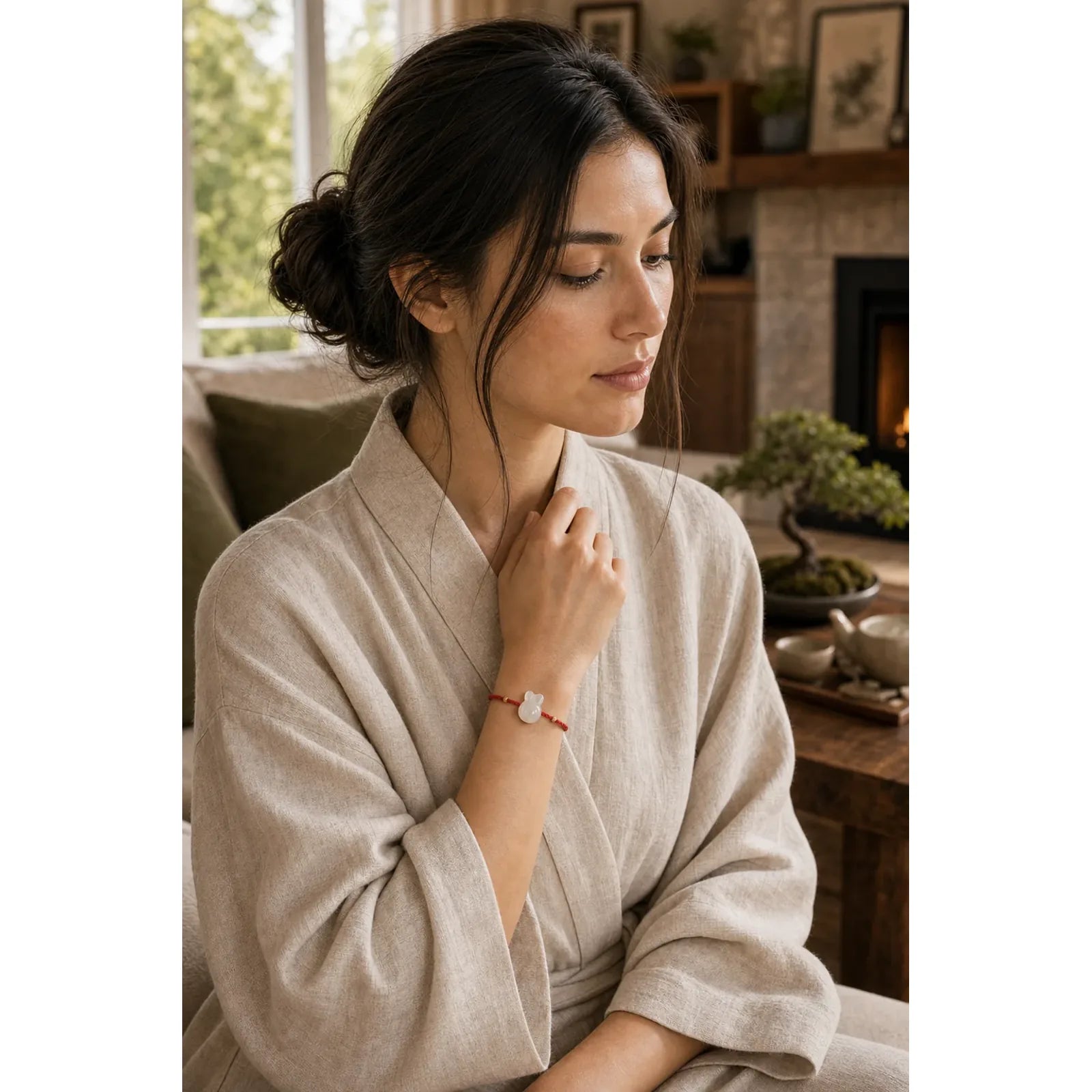 Hetian Jade Cute Rabbit String Luck Bracelet featuring Jade, Red String