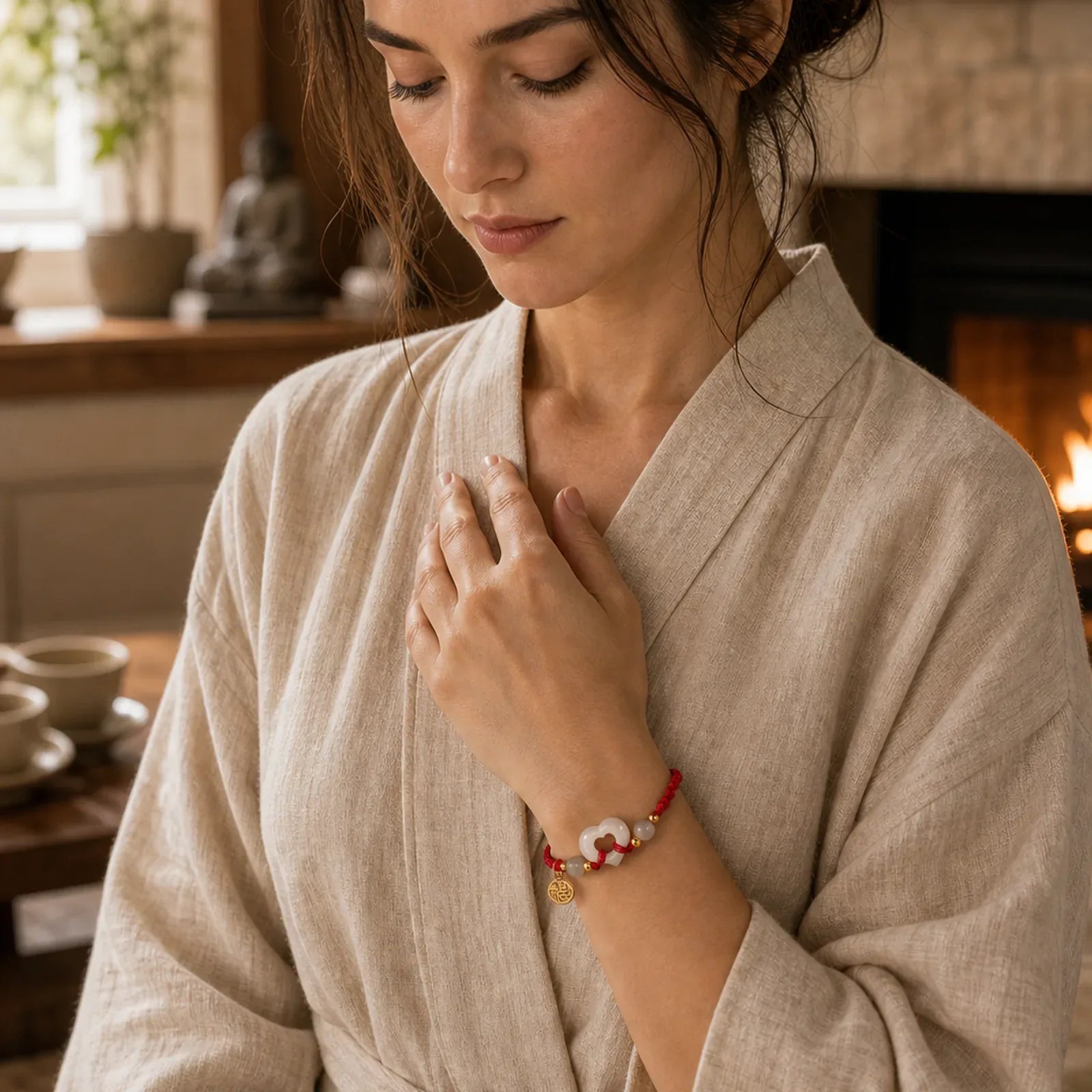 Hetian Jade Heart Ring Fu Character Protection Bracelet featuring Jade, Fu Character, Red String