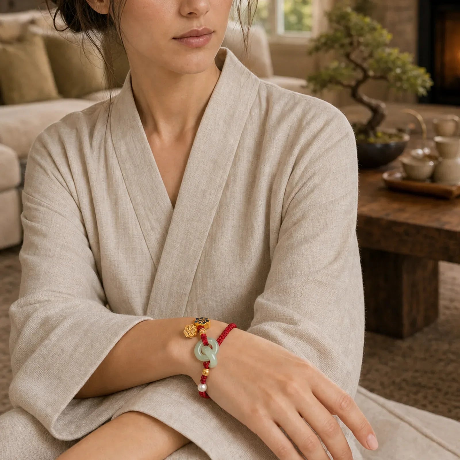 Hetian Jade Lotus Peace Buckle Braided Rope Fortune Bracelet featuring Jade, Lotus, Peace Buckle