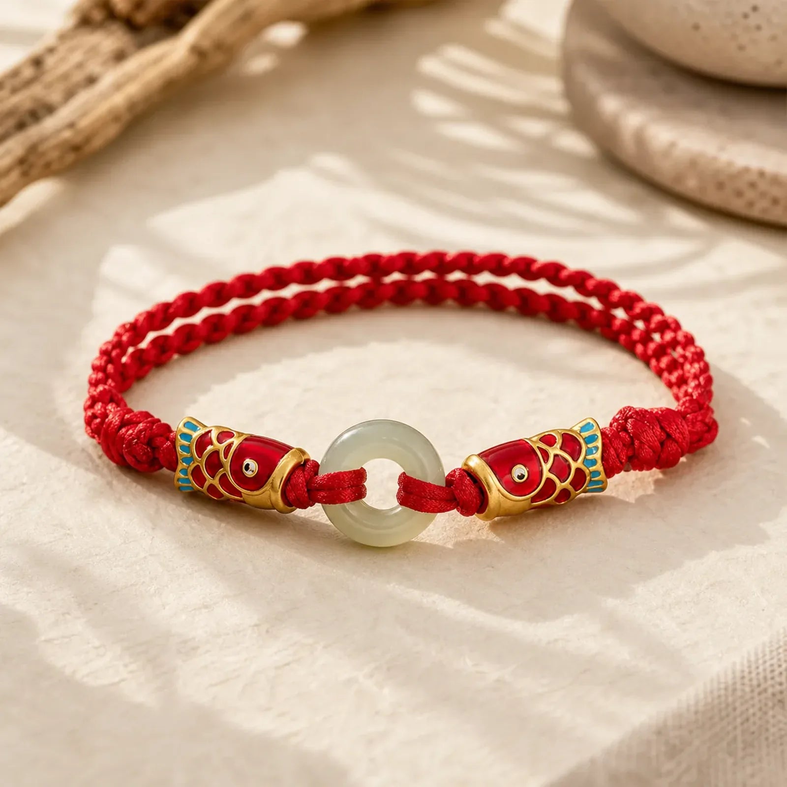 Hetian Jade Peace Buckle Double Koi Fish Red String Prosperity Bracelet featuring Jade, Peace Buckle, Koi Fish