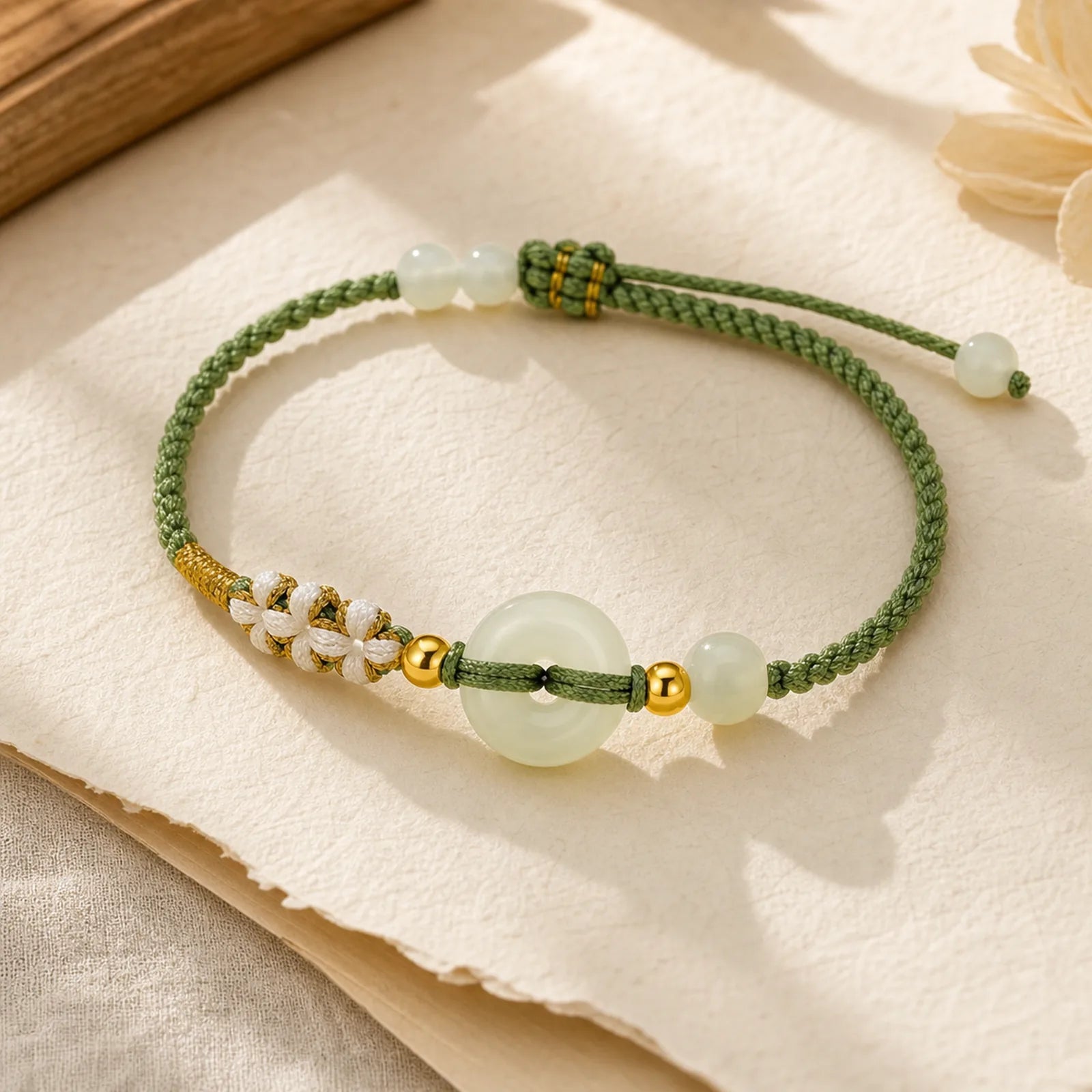 Hetian Jade Peace Buckle Luck Peach Blossom Braided Bracelet featuring Jade, Peace Buckle, Copper