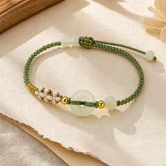 Hetian Jade Peace Buckle Luck Peach Blossom Braided Bracelet featuring Jade, Peace Buckle, Copper